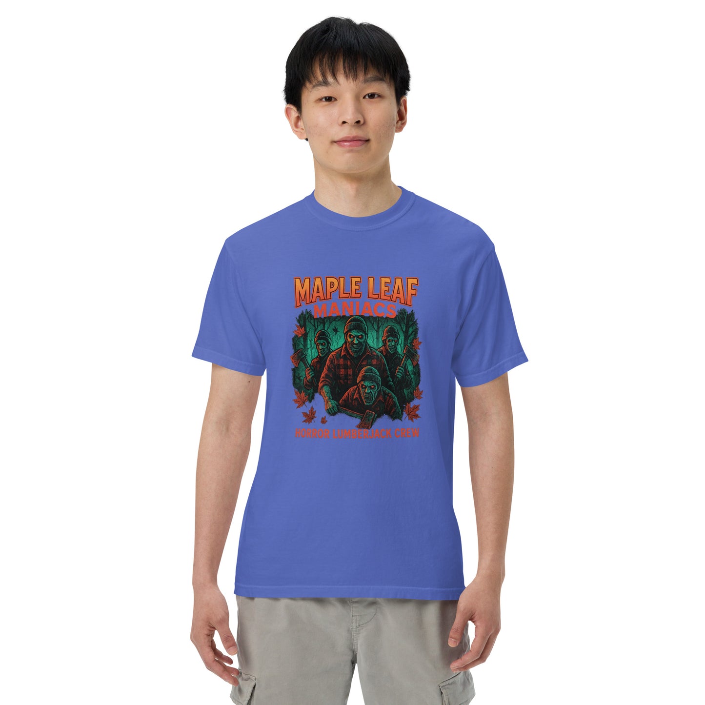 Maple Leaf Maniacs Horror Lumberjack Crew Unisex garment-dyed heavyweight t-shirt from Rare Plus Apparel – unique movie & pop culture inspired design.