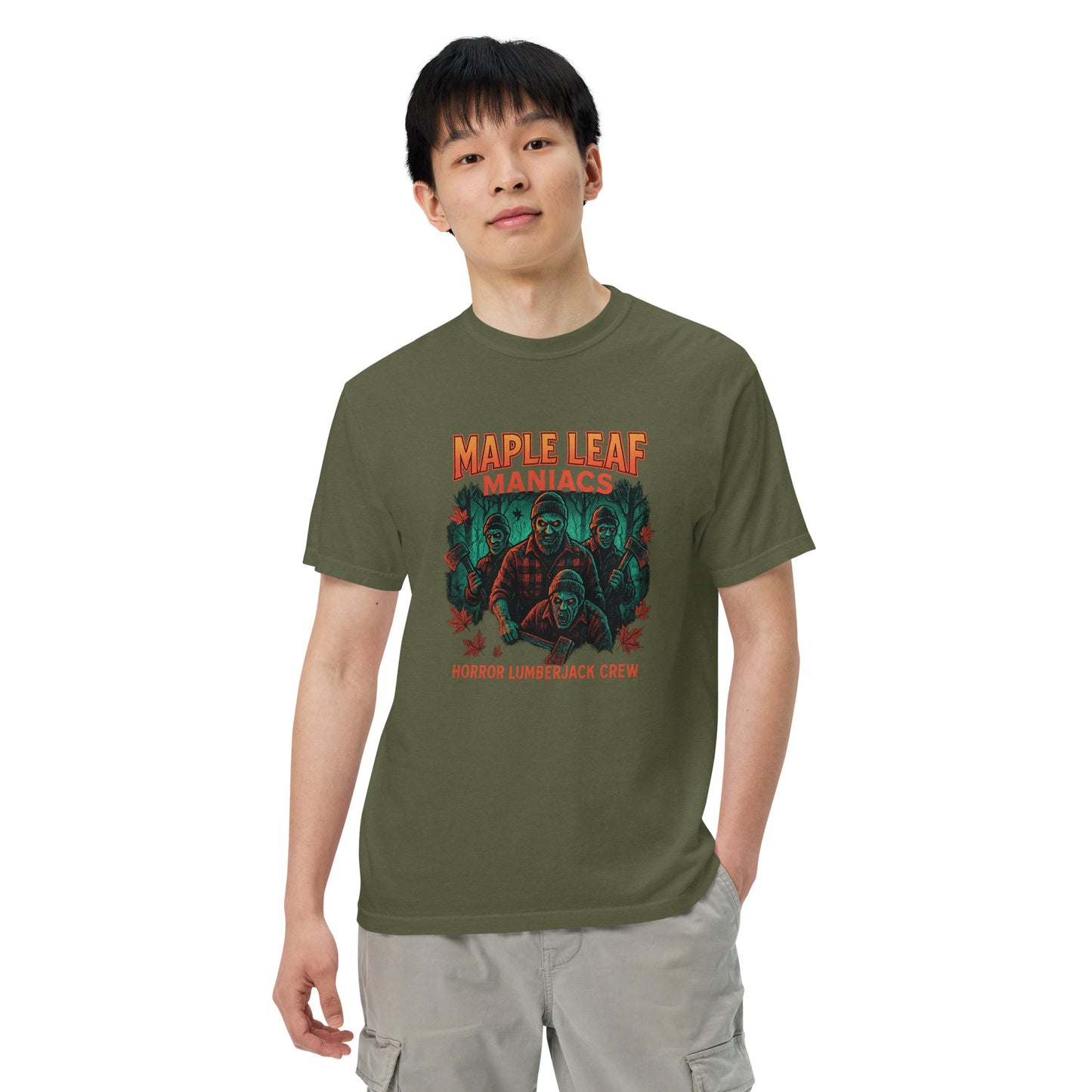 Maple Leaf Maniacs Horror Lumberjack Crew Unisex garment-dyed heavyweight t-shirt from Rare Plus Apparel – unique movie & pop culture inspired design.