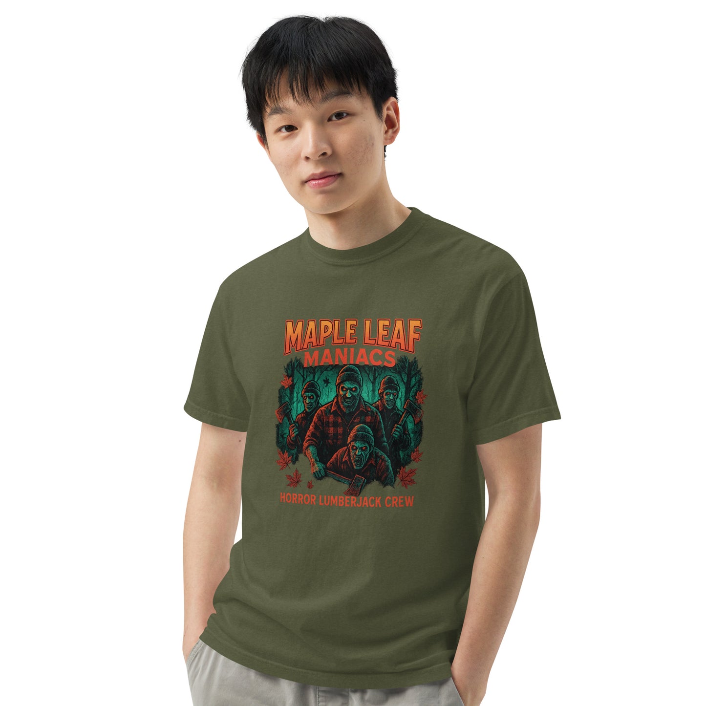 Maple Leaf Maniacs Horror Lumberjack Crew Unisex garment-dyed heavyweight t-shirt from Rare Plus Apparel – unique movie & pop culture inspired design.
