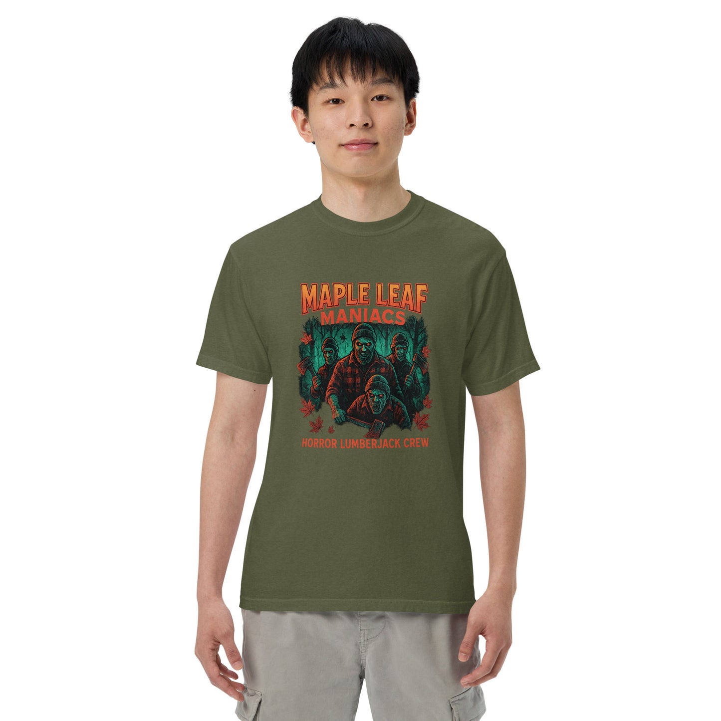 Maple Leaf Maniacs Horror Lumberjack Crew Unisex garment-dyed heavyweight t-shirt from Rare Plus Apparel – unique movie & pop culture inspired design.