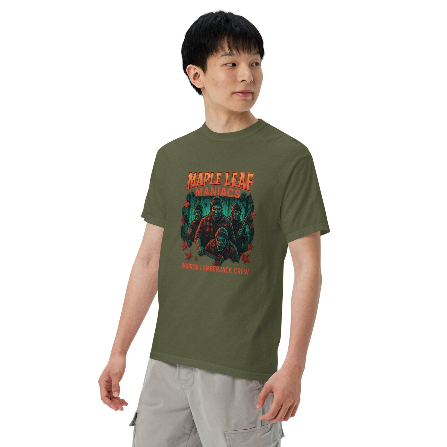 Maple Leaf Maniacs Horror Lumberjack Crew Unisex garment-dyed heavyweight t-shirt from Rare Plus Apparel – unique movie & pop culture inspired design.