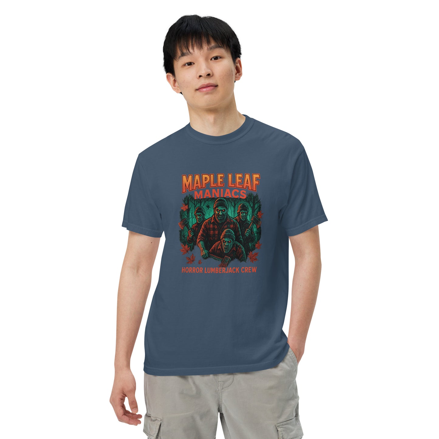 Maple Leaf Maniacs Horror Lumberjack Crew Unisex garment-dyed heavyweight t-shirt from Rare Plus Apparel – unique movie & pop culture inspired design.