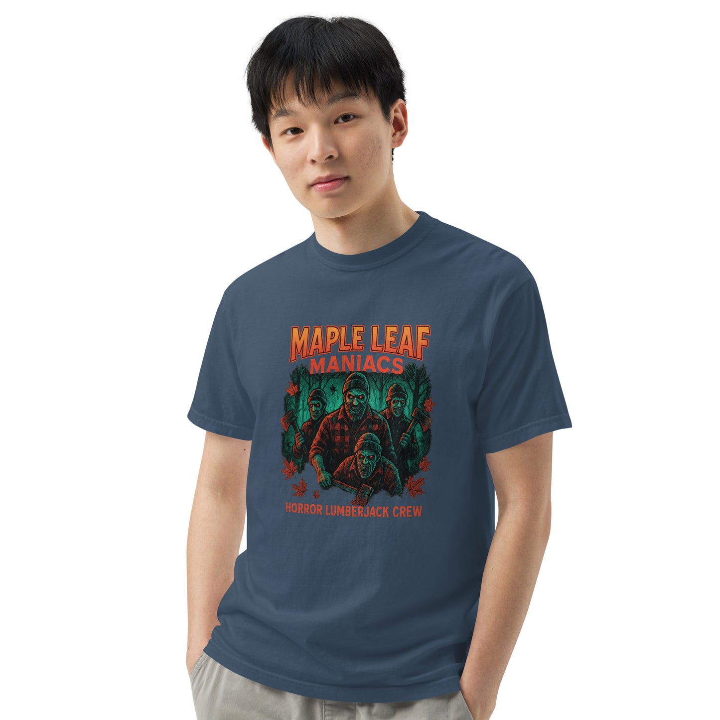 Maple Leaf Maniacs Horror Lumberjack Crew Unisex garment-dyed heavyweight t-shirt from Rare Plus Apparel – unique movie & pop culture inspired design.