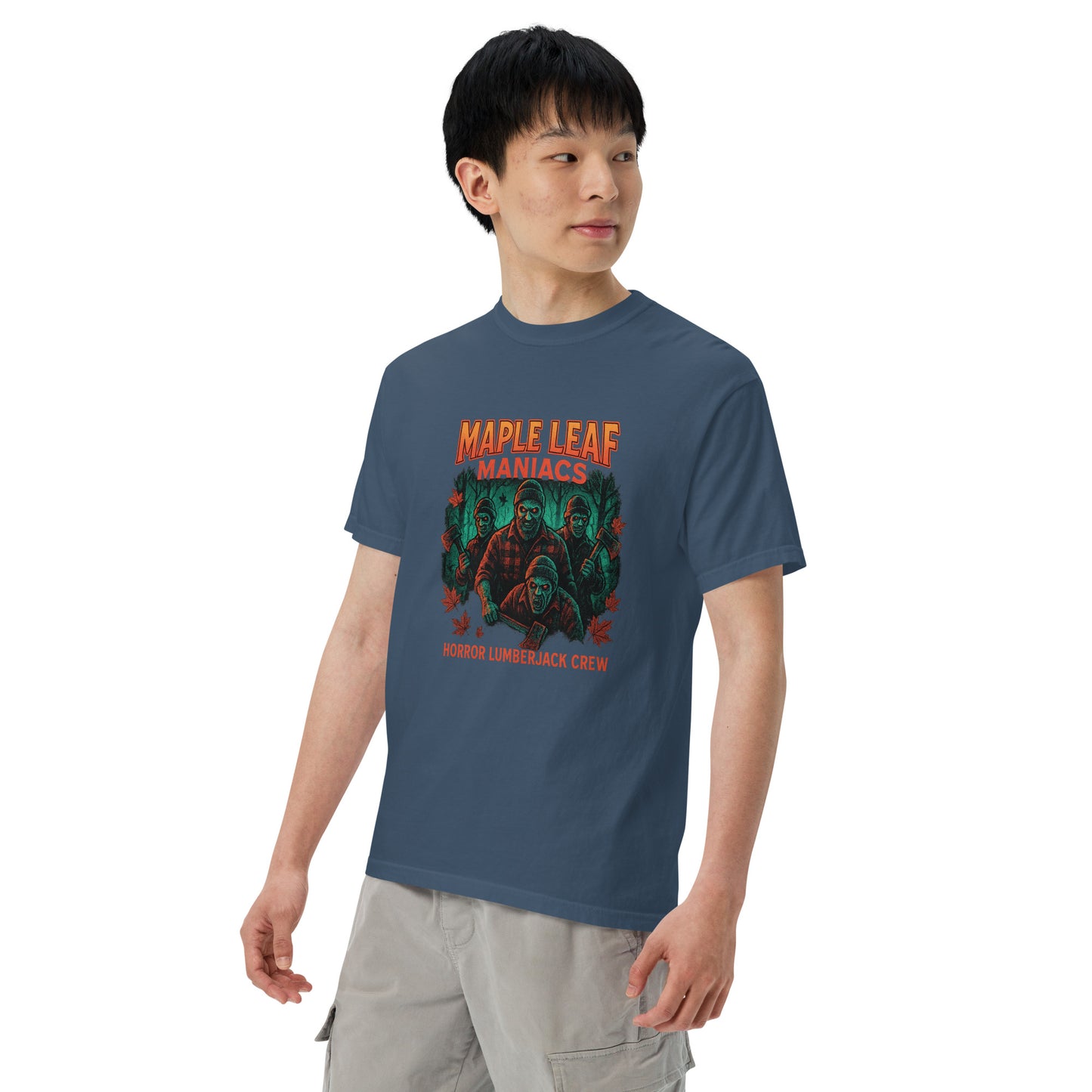 Maple Leaf Maniacs Horror Lumberjack Crew Unisex garment-dyed heavyweight t-shirt from Rare Plus Apparel – unique movie & pop culture inspired design.
