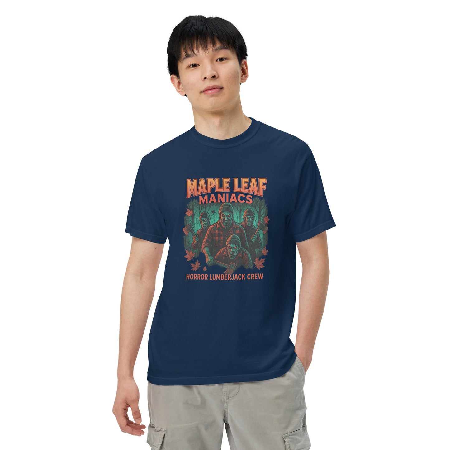 Maple Leaf Maniacs Horror Lumberjack Crew Unisex garment-dyed heavyweight t-shirt from Rare Plus Apparel – unique movie & pop culture inspired design.