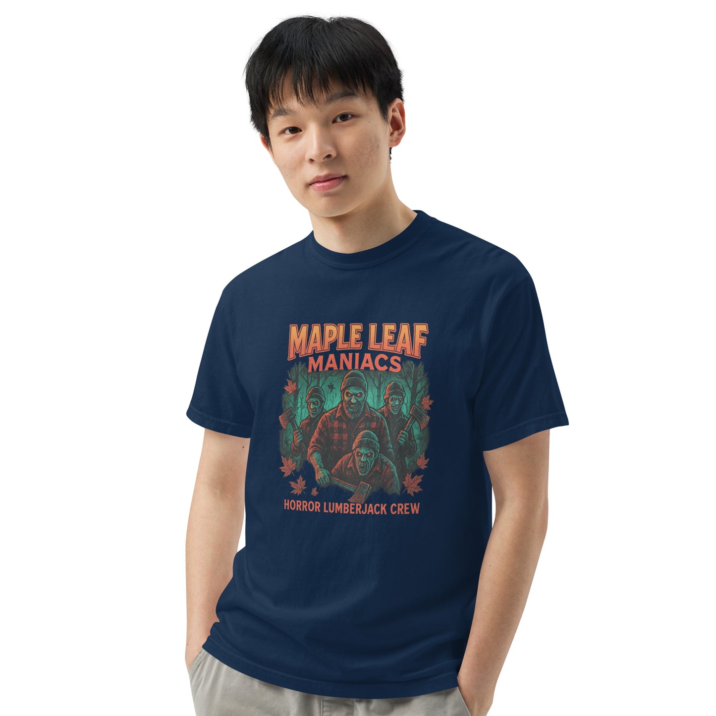 Maple Leaf Maniacs Horror Lumberjack Crew Unisex garment-dyed heavyweight t-shirt from Rare Plus Apparel – unique movie & pop culture inspired design.