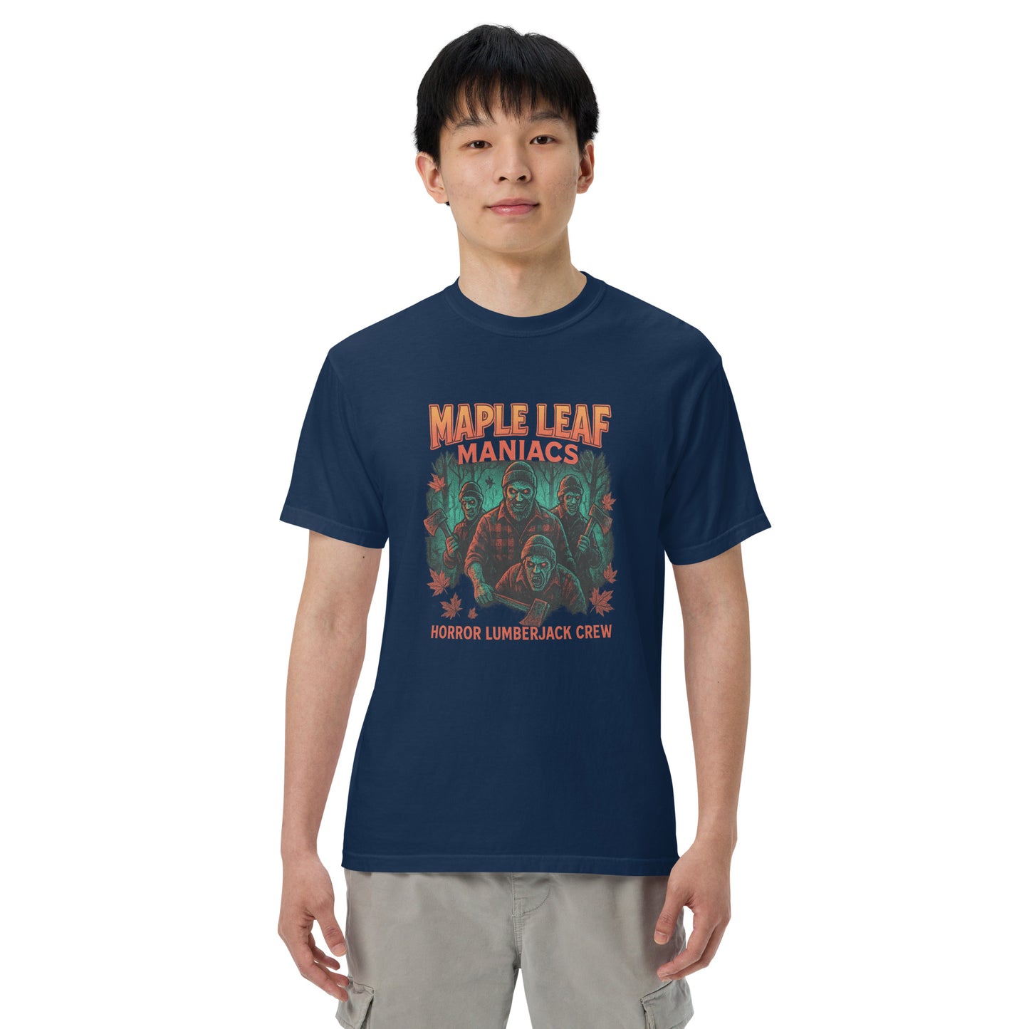 Maple Leaf Maniacs Horror Lumberjack Crew Unisex garment-dyed heavyweight t-shirt from Rare Plus Apparel – unique movie & pop culture inspired design.