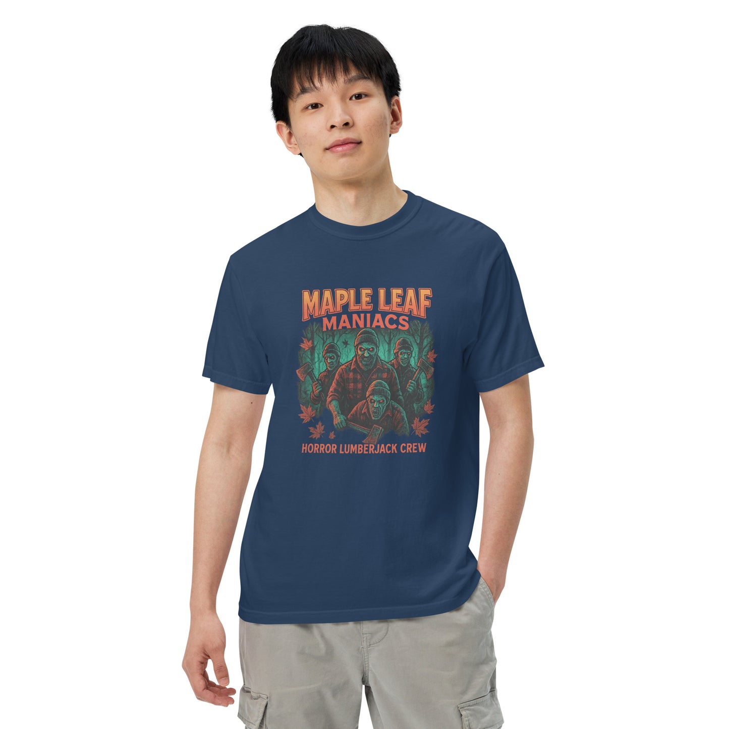 Maple Leaf Maniacs Horror Lumberjack Crew Unisex garment-dyed heavyweight t-shirt from Rare Plus Apparel – unique movie & pop culture inspired design.