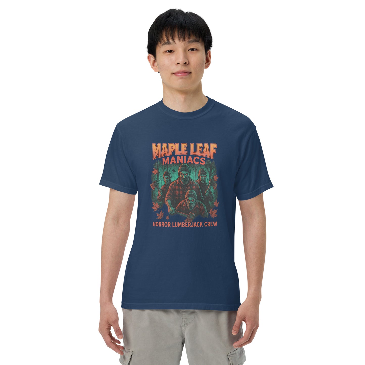 Maple Leaf Maniacs Horror Lumberjack Crew Unisex garment-dyed heavyweight t-shirt from Rare Plus Apparel – unique movie & pop culture inspired design.