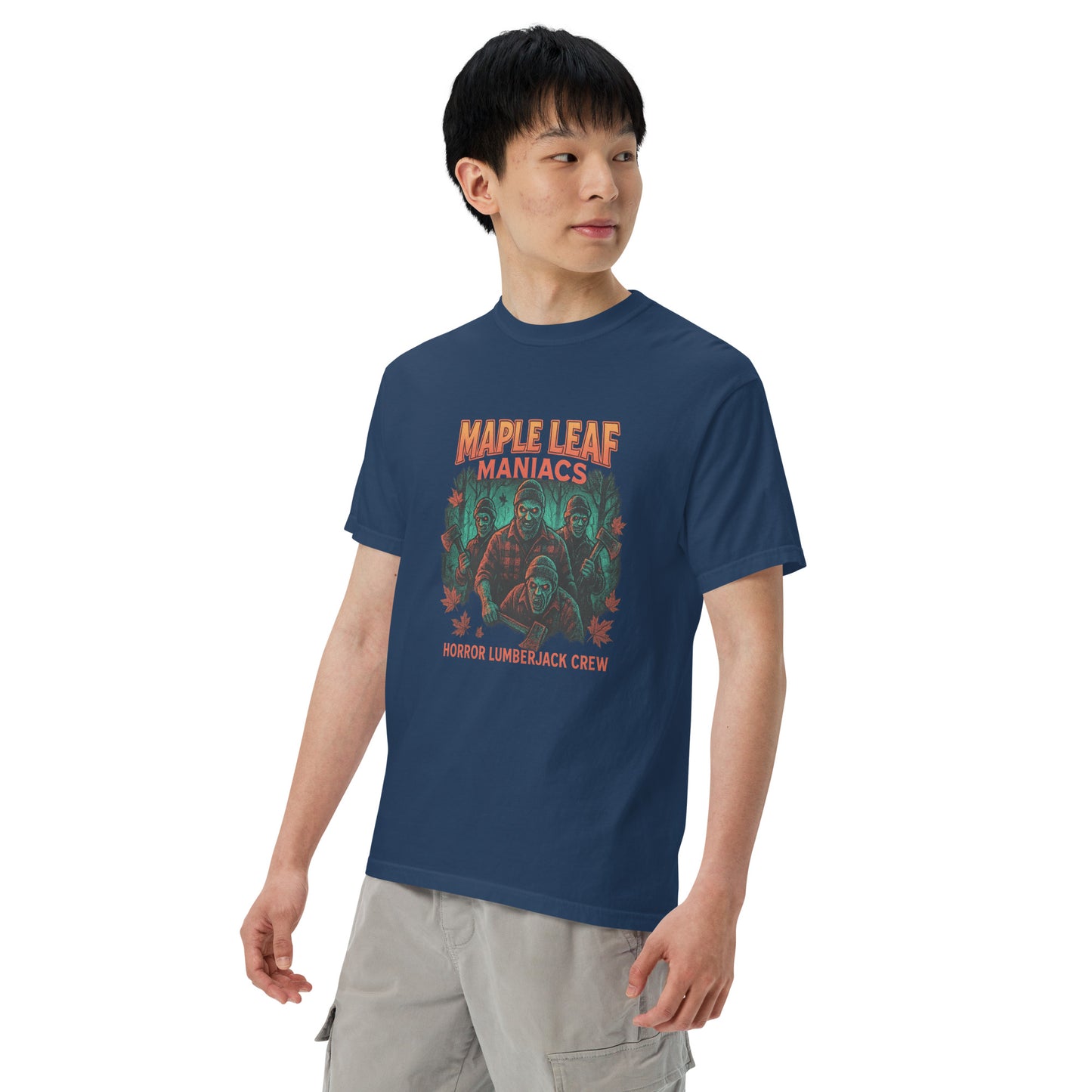 Maple Leaf Maniacs Horror Lumberjack Crew Unisex garment-dyed heavyweight t-shirt from Rare Plus Apparel – unique movie & pop culture inspired design.