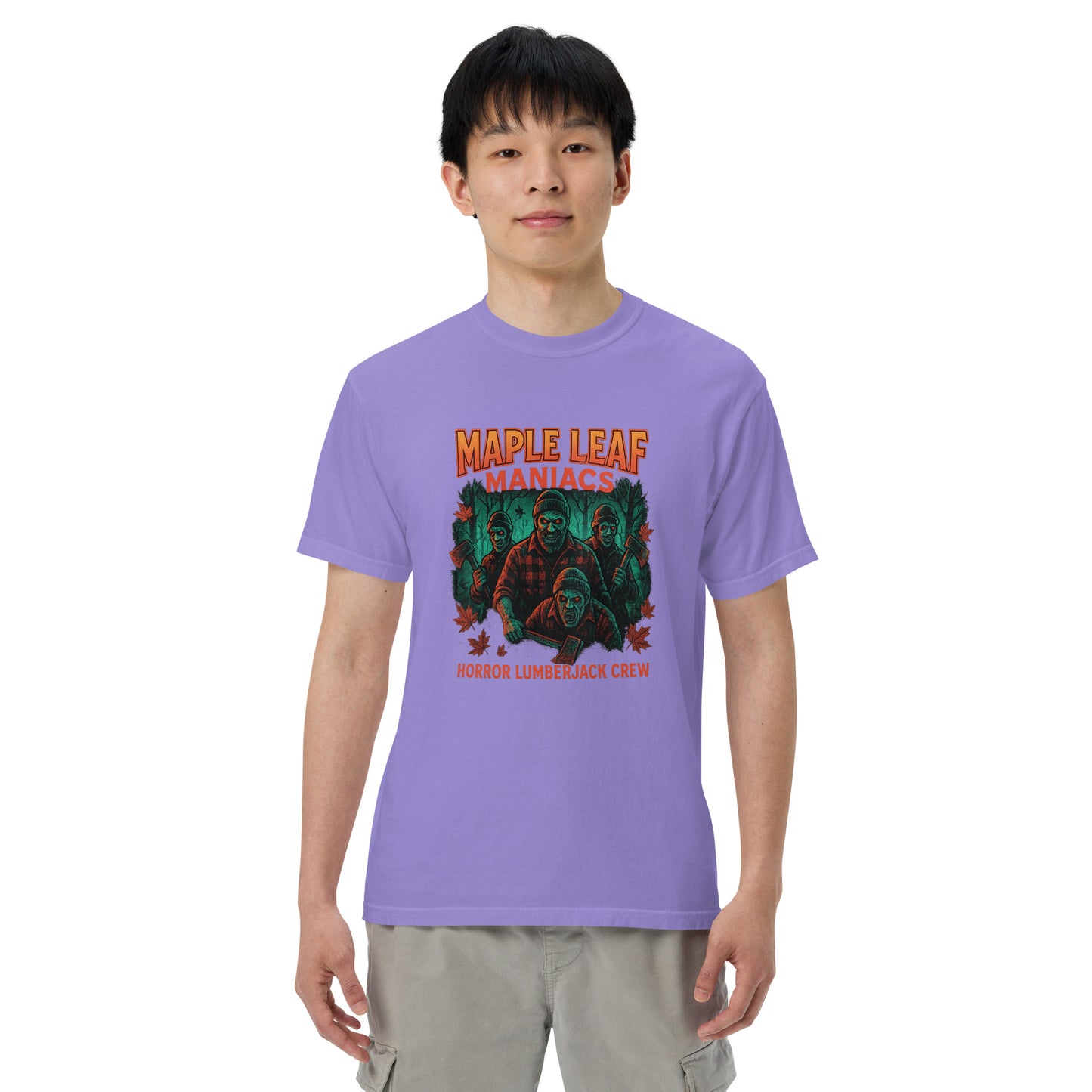 Maple Leaf Maniacs Horror Lumberjack Crew Unisex garment-dyed heavyweight t-shirt from Rare Plus Apparel – unique movie & pop culture inspired design.