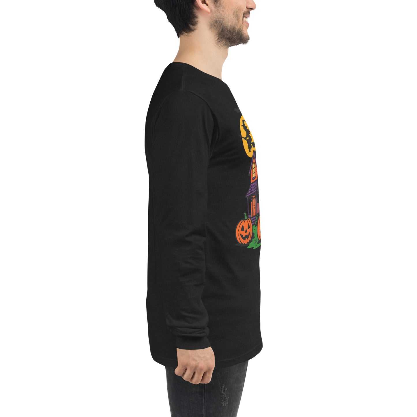 Haunted Halloween House Unisex Long Sleeve Tee from Rare Plus Apparel – unique movie & pop culture inspired design.