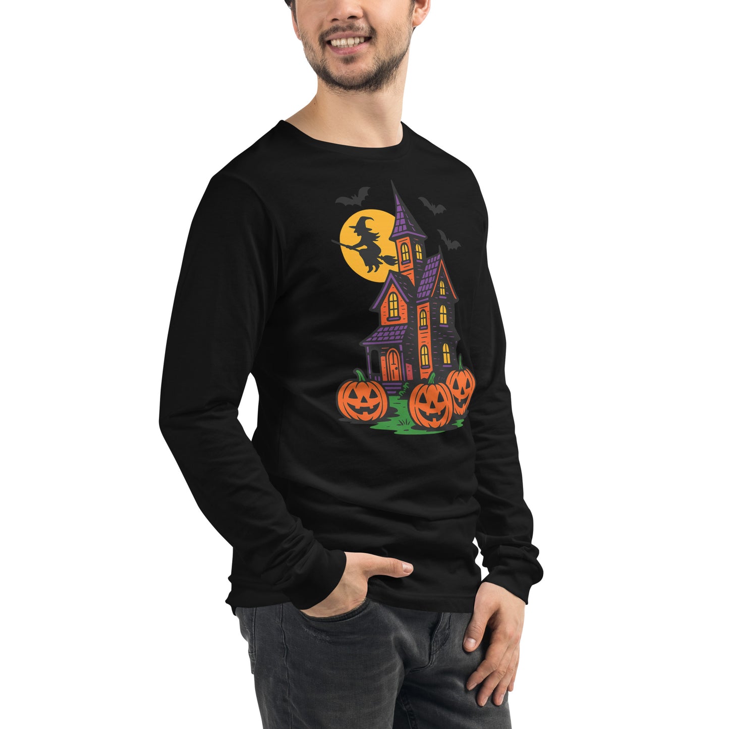 Haunted Halloween House Unisex Long Sleeve Tee from Rare Plus Apparel – unique movie & pop culture inspired design.