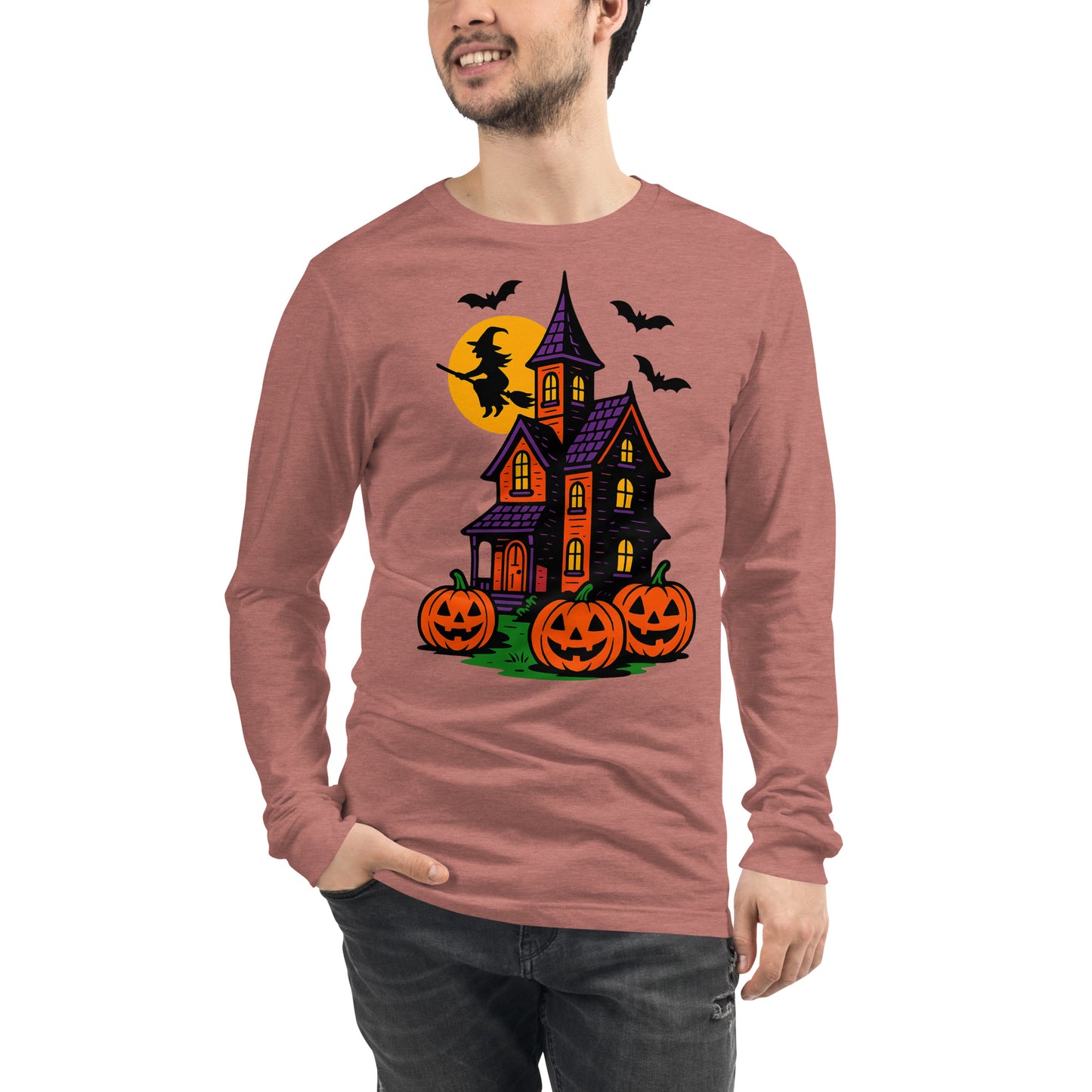 Haunted Halloween House Unisex Long Sleeve Tee from Rare Plus Apparel – unique movie & pop culture inspired design.