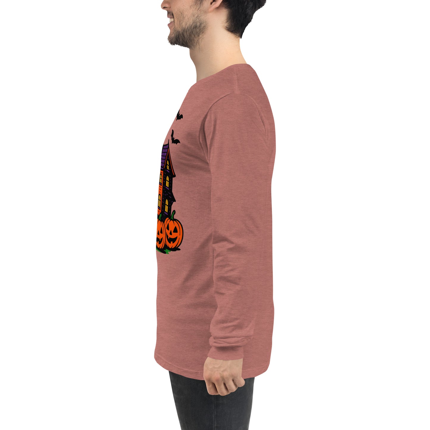 Haunted Halloween House Unisex Long Sleeve Tee from Rare Plus Apparel – unique movie & pop culture inspired design.