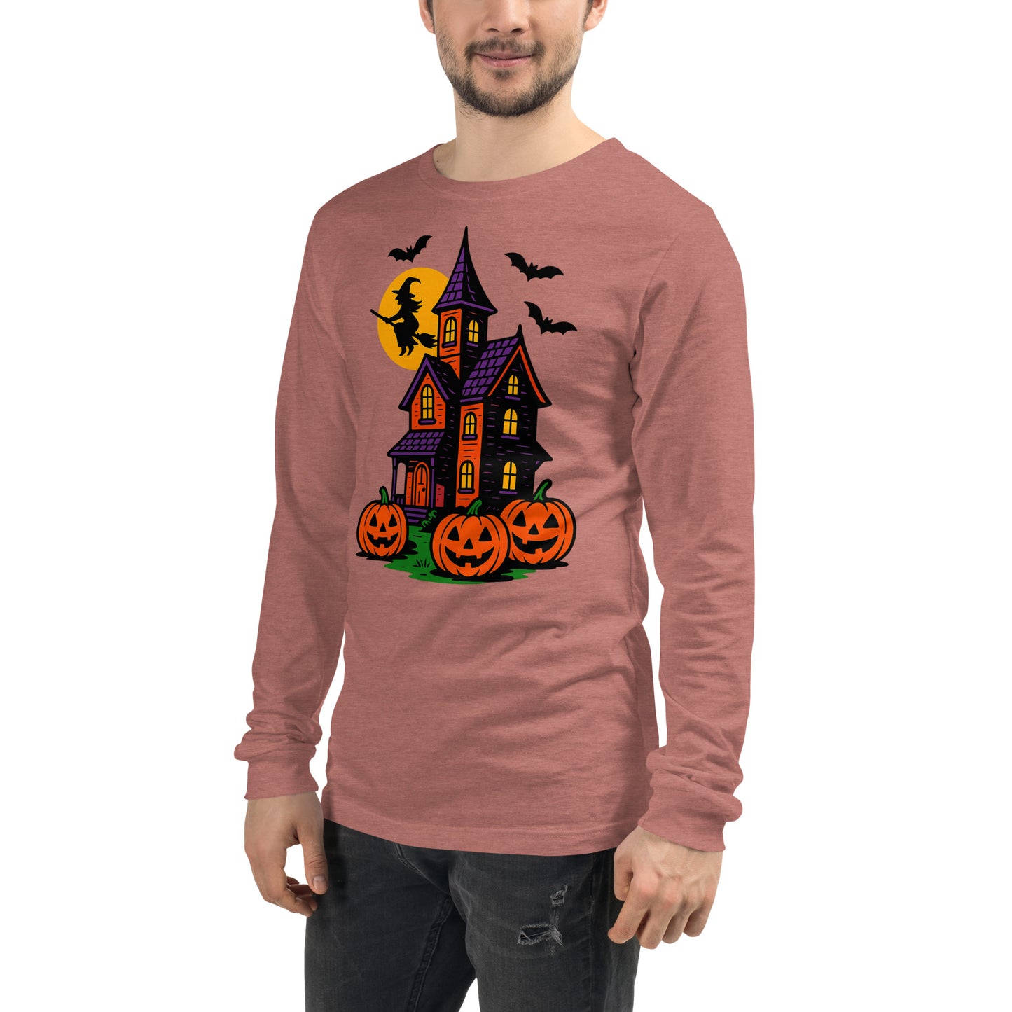 Haunted Halloween House Unisex Long Sleeve Tee from Rare Plus Apparel – unique movie & pop culture inspired design.