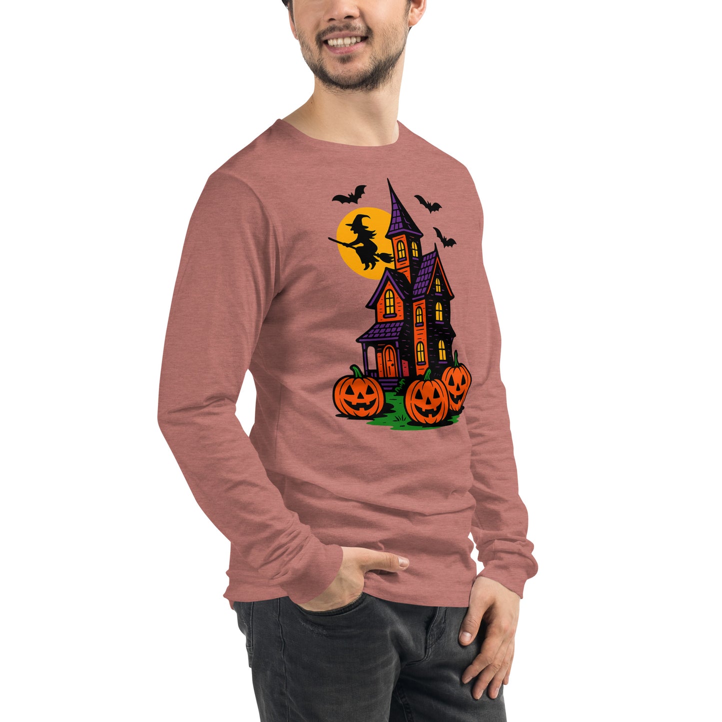 Haunted Halloween House Unisex Long Sleeve Tee from Rare Plus Apparel – unique movie & pop culture inspired design.