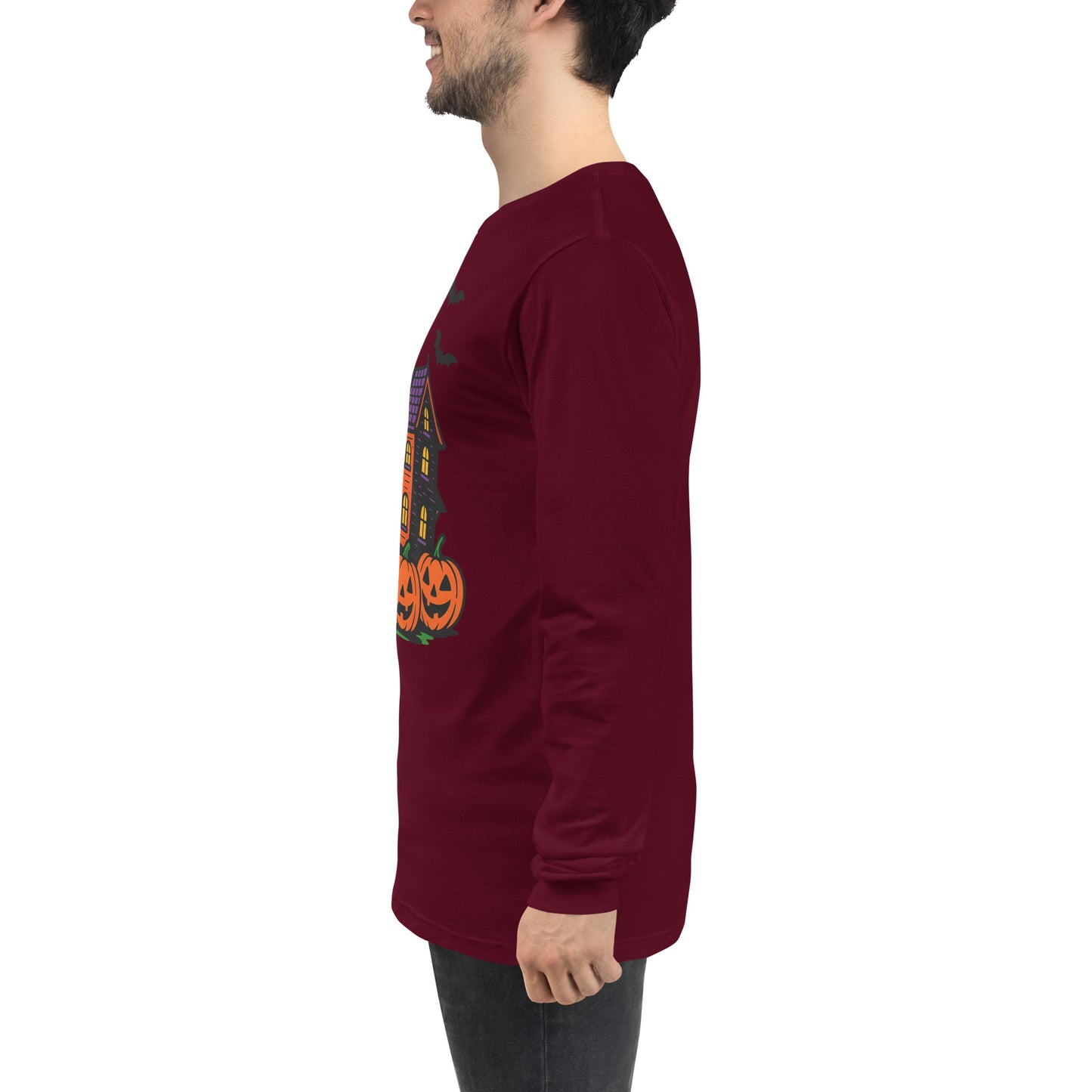 Haunted Halloween House Unisex Long Sleeve Tee from Rare Plus Apparel – unique movie & pop culture inspired design.