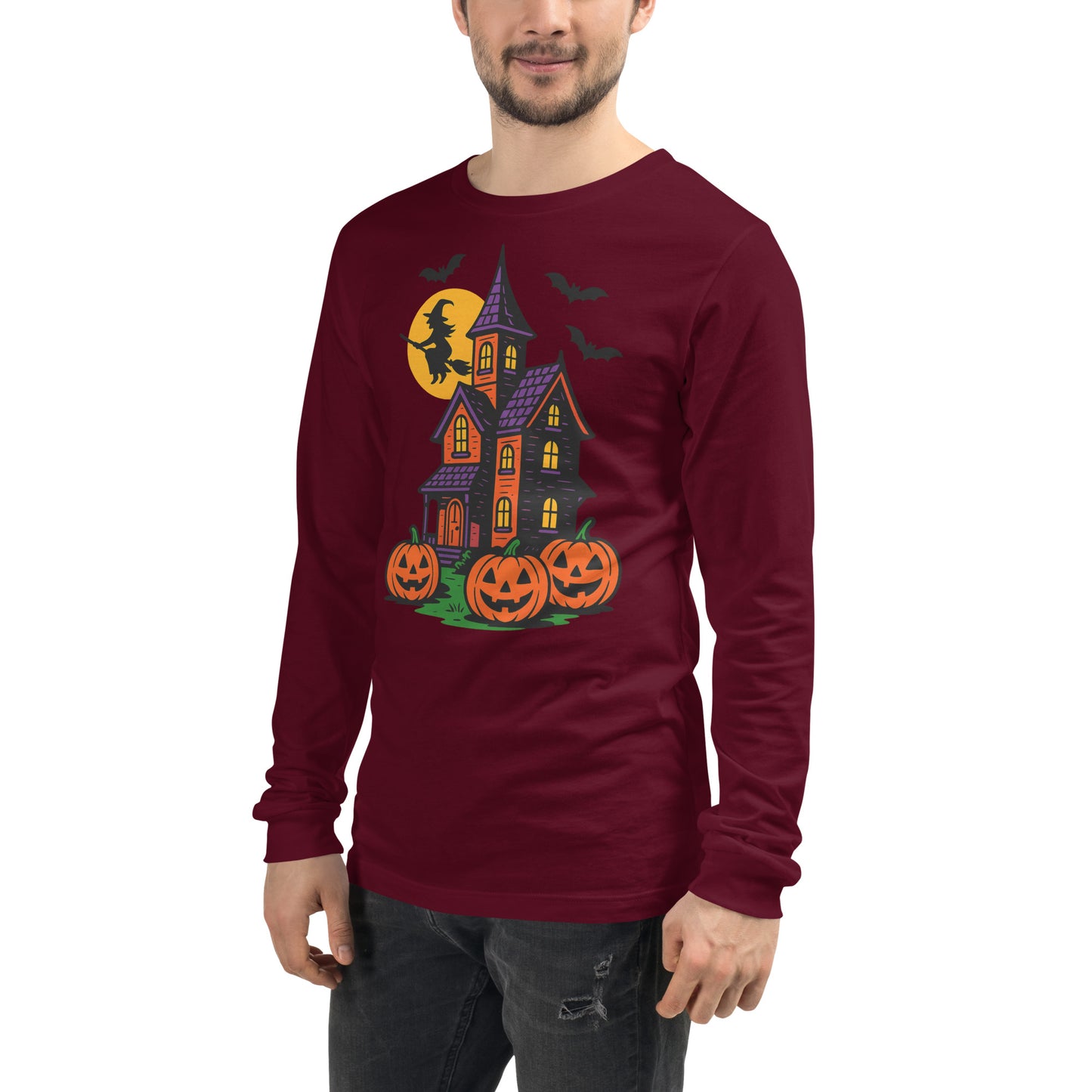 Haunted Halloween House Unisex Long Sleeve Tee from Rare Plus Apparel – unique movie & pop culture inspired design.