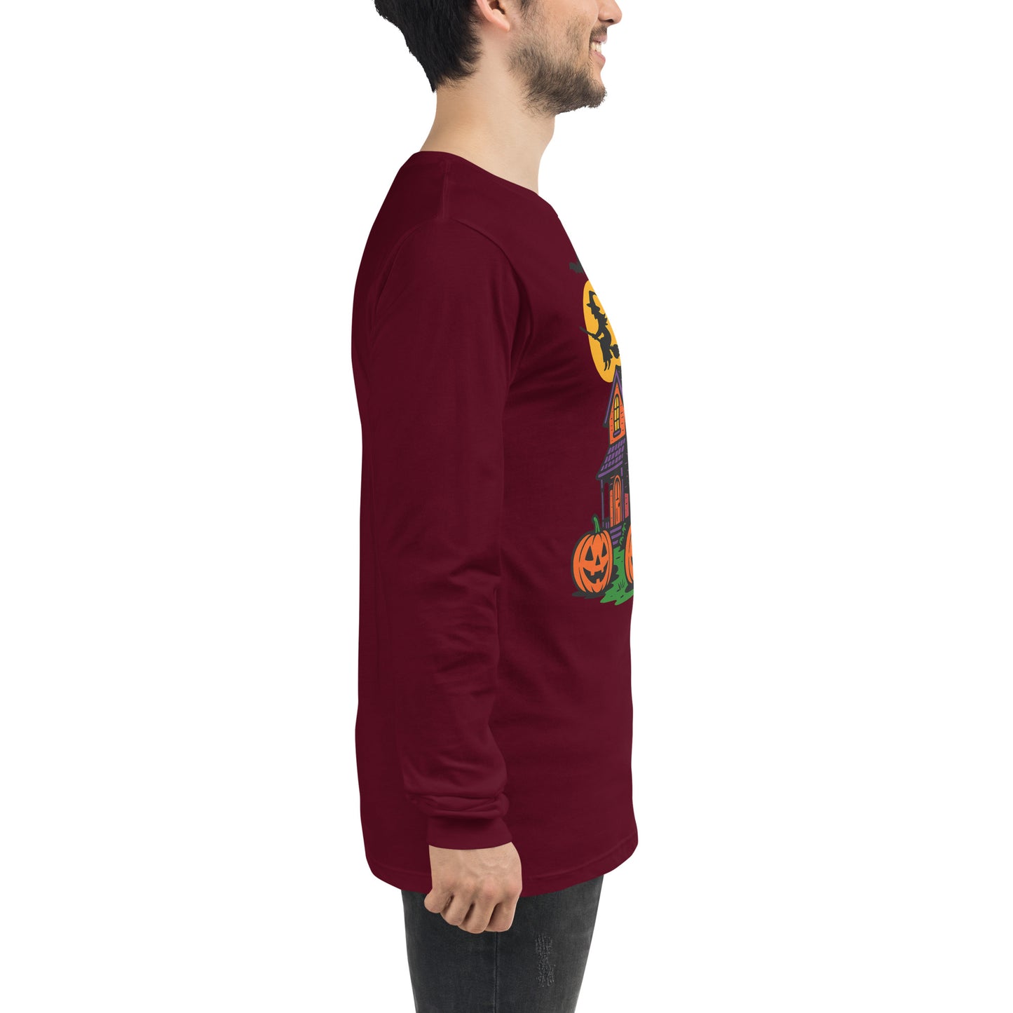 Haunted Halloween House Unisex Long Sleeve Tee from Rare Plus Apparel – unique movie & pop culture inspired design.