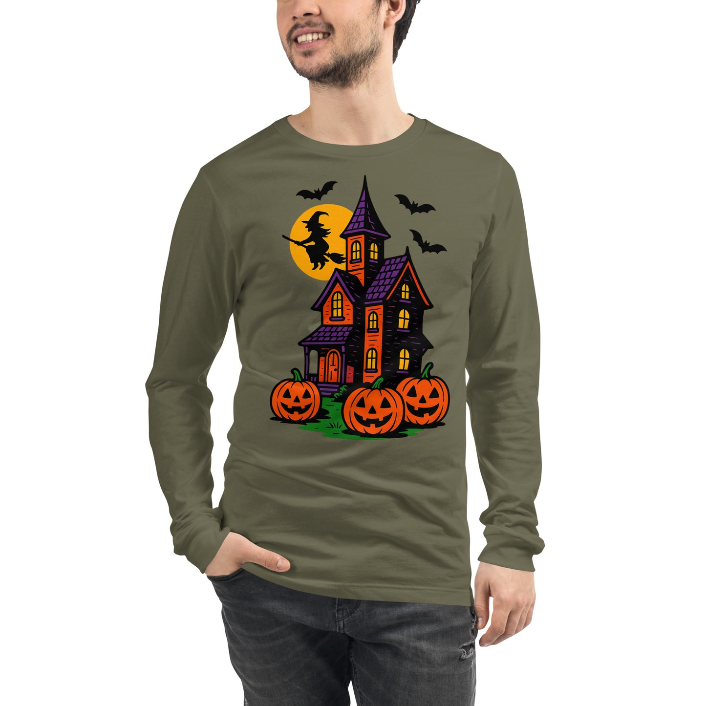 Haunted Halloween House Unisex Long Sleeve Tee from Rare Plus Apparel – unique movie & pop culture inspired design.