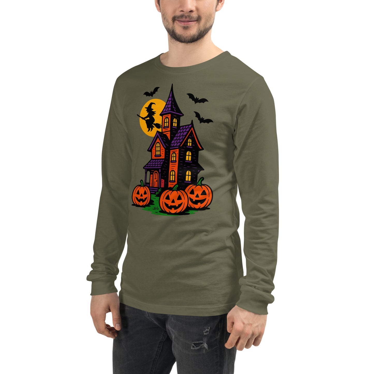 Haunted Halloween House Unisex Long Sleeve Tee from Rare Plus Apparel – unique movie & pop culture inspired design.