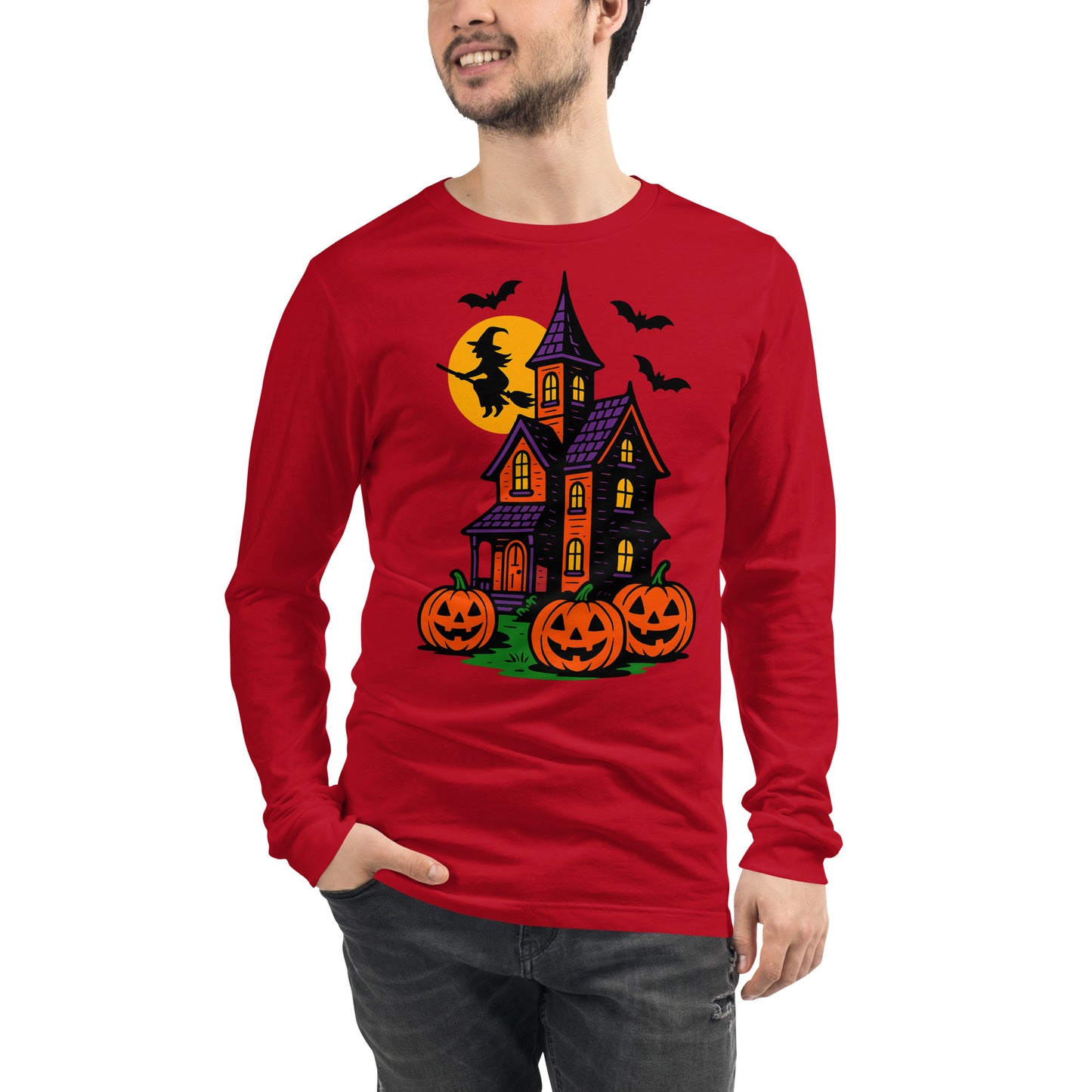 Haunted Halloween House Unisex Long Sleeve Tee from Rare Plus Apparel – unique movie & pop culture inspired design.