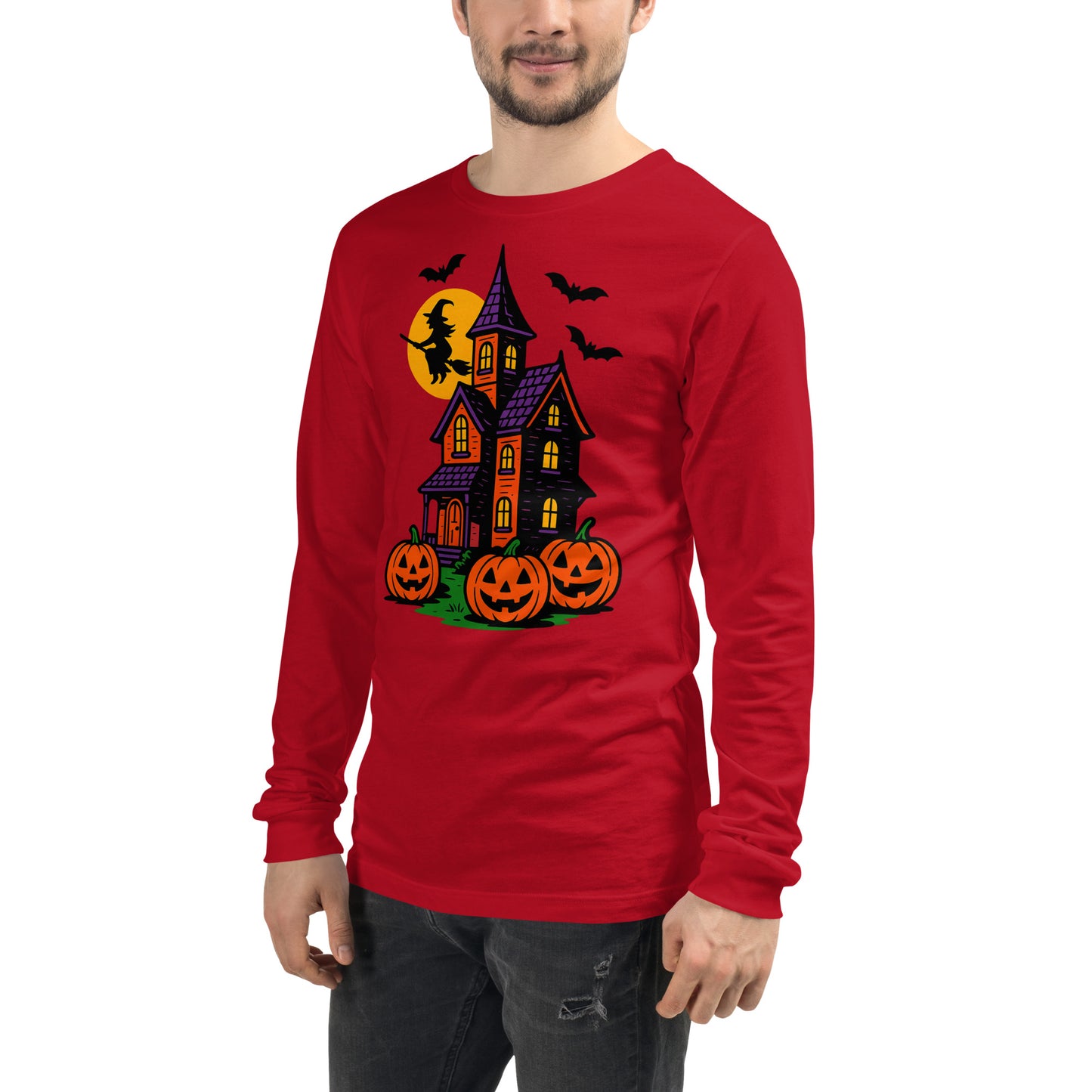 Haunted Halloween House Unisex Long Sleeve Tee from Rare Plus Apparel – unique movie & pop culture inspired design.