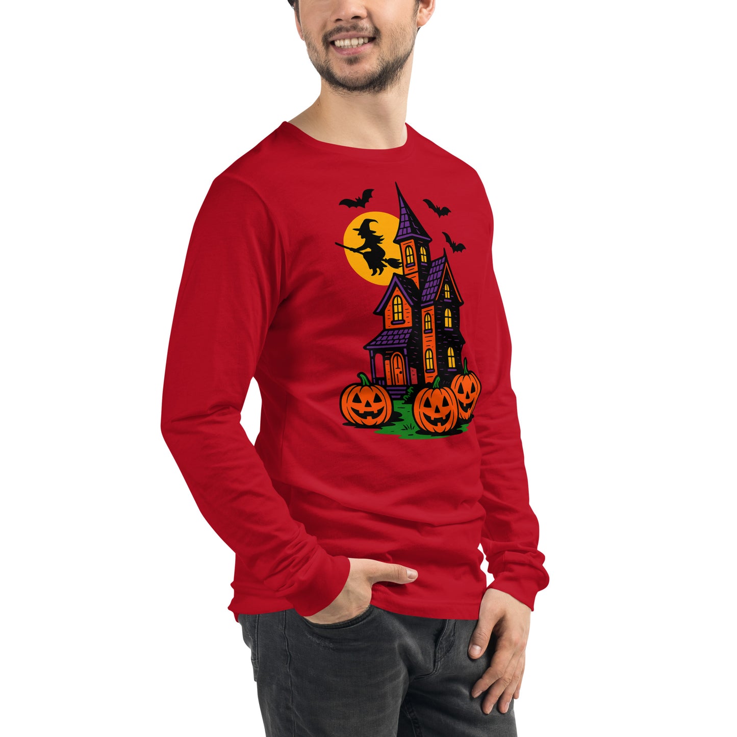 Haunted Halloween House Unisex Long Sleeve Tee from Rare Plus Apparel – unique movie & pop culture inspired design.