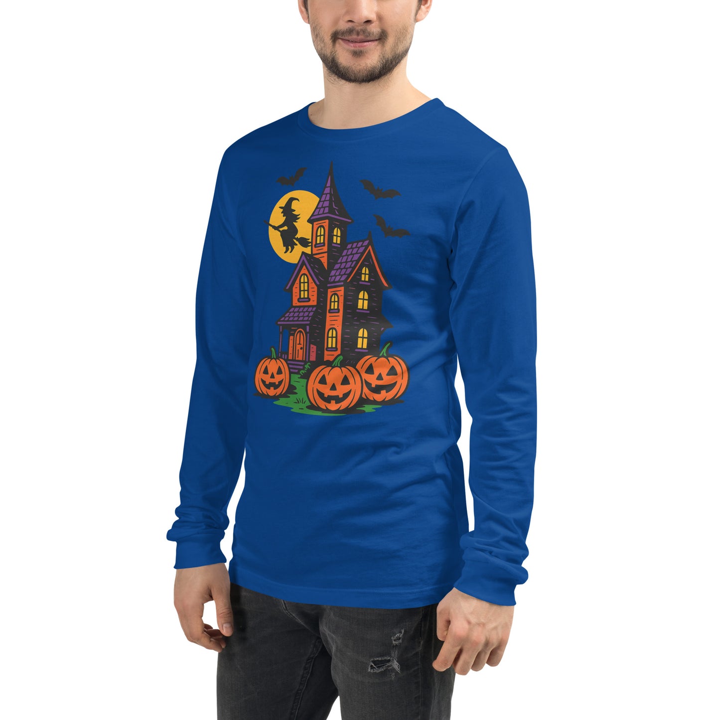Haunted Halloween House Unisex Long Sleeve Tee from Rare Plus Apparel – unique movie & pop culture inspired design.