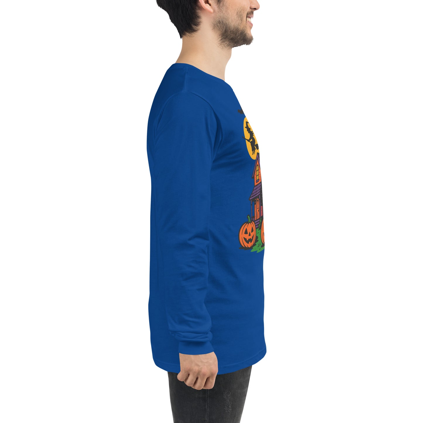 Haunted Halloween House Unisex Long Sleeve Tee from Rare Plus Apparel – unique movie & pop culture inspired design.