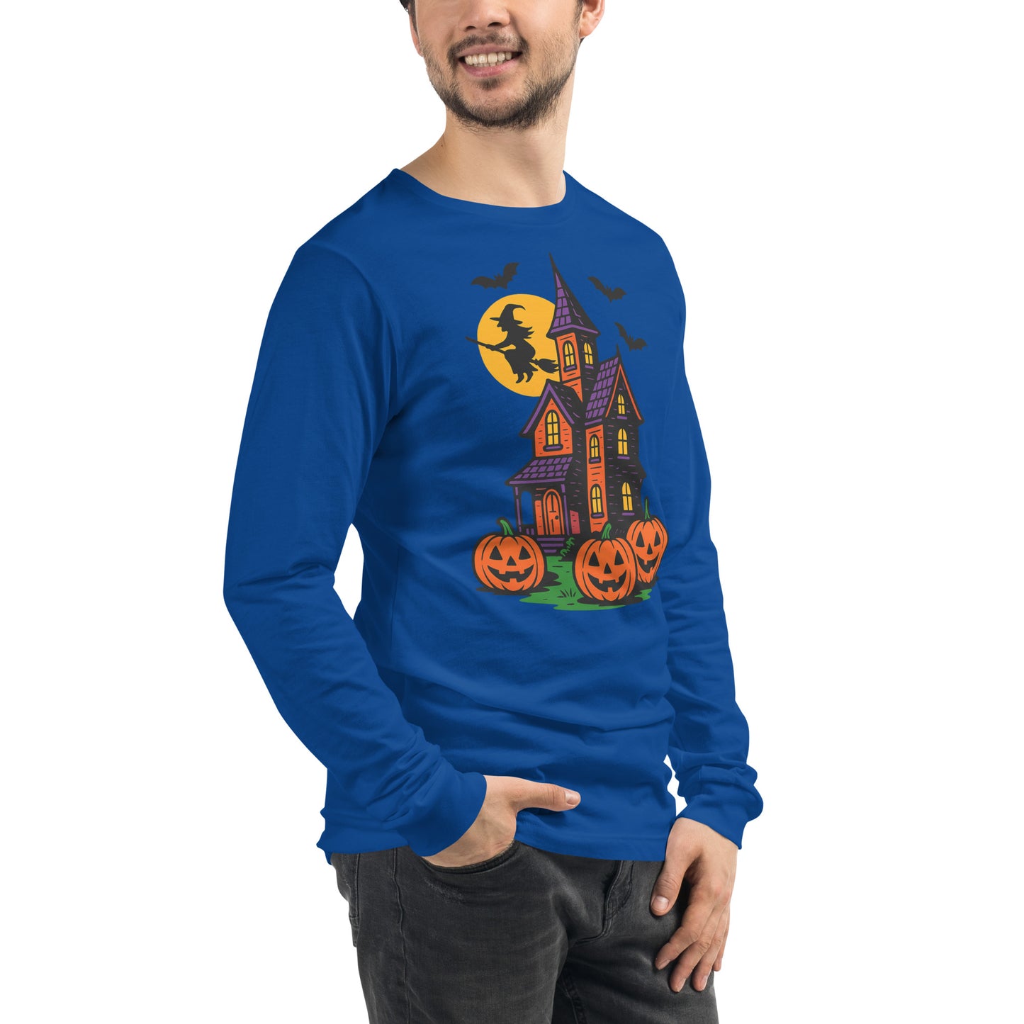 Haunted Halloween House Unisex Long Sleeve Tee from Rare Plus Apparel – unique movie & pop culture inspired design.