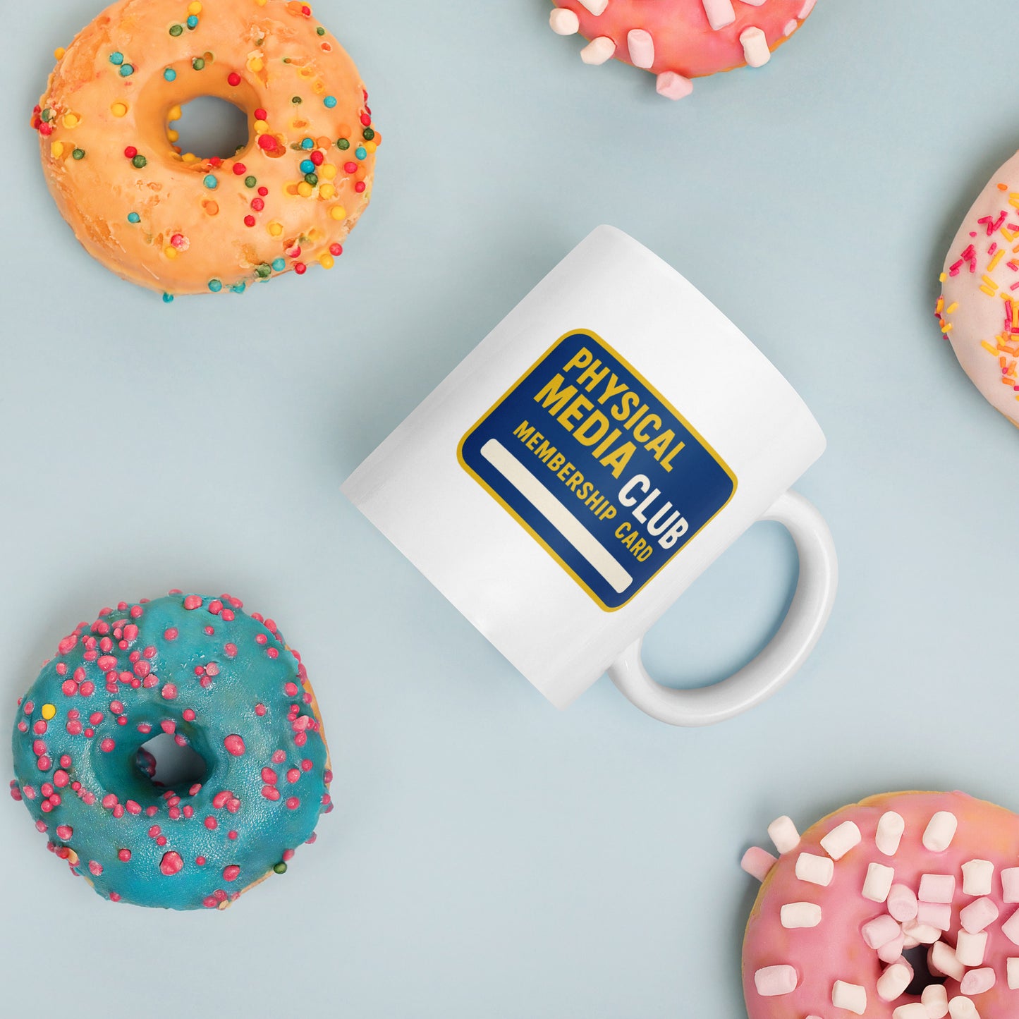 Physical Media Club White glossy mug from Rare Plus Apparel – unique movie & pop culture inspired design.