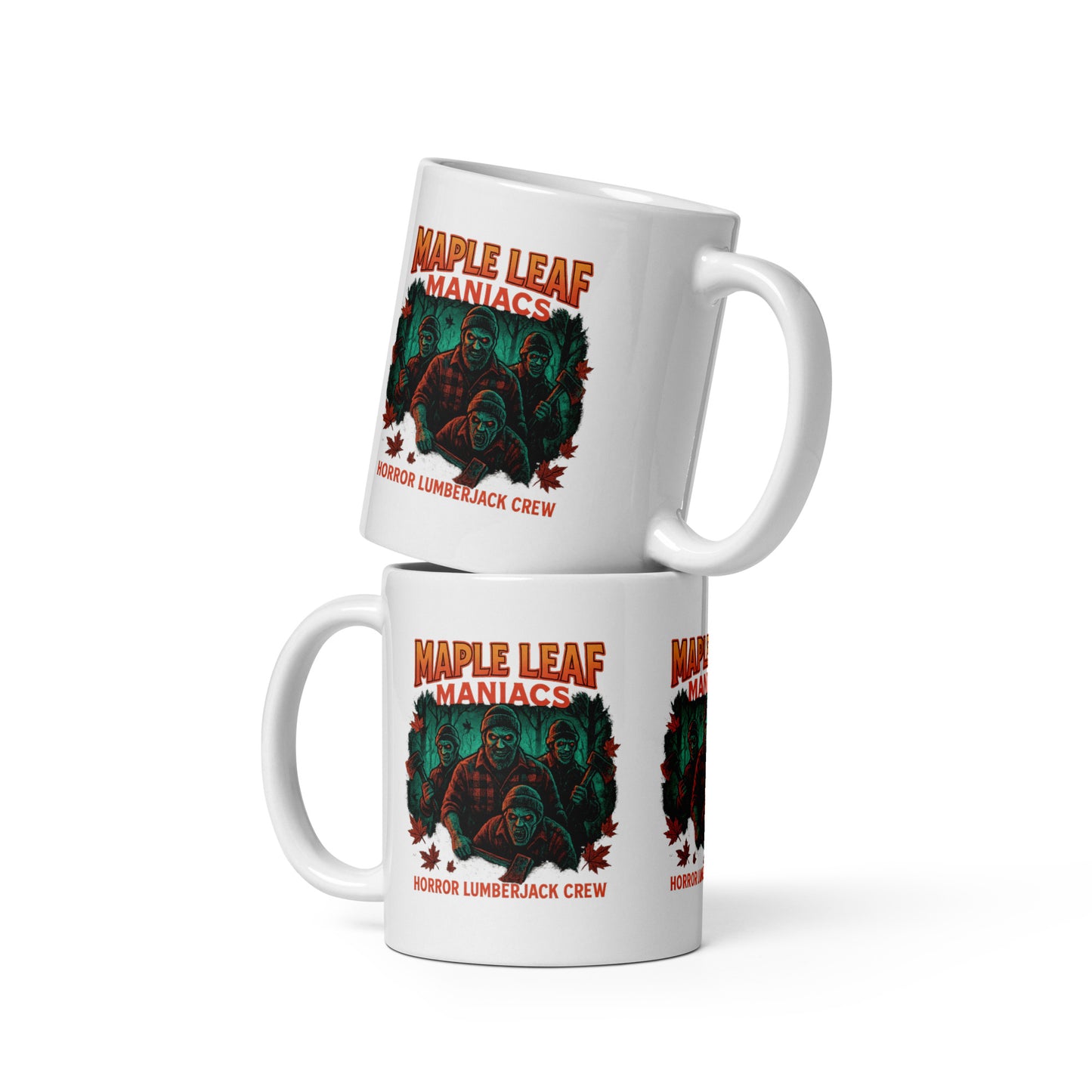 Maple Leaf Maniacs White glossy mug from Rare Plus Apparel – unique movie & pop culture inspired design.