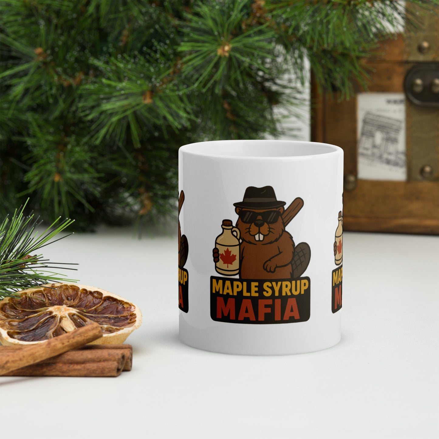 Maple Syrup Mafia White glossy mug from Rare Plus Apparel – unique movie & pop culture inspired design.