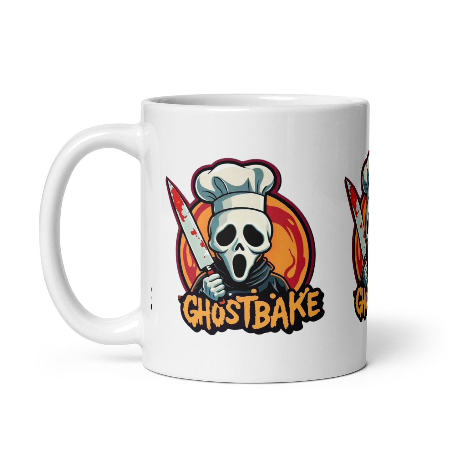 GhostBake White glossy mug from Rare Plus Apparel – unique movie & pop culture inspired design.