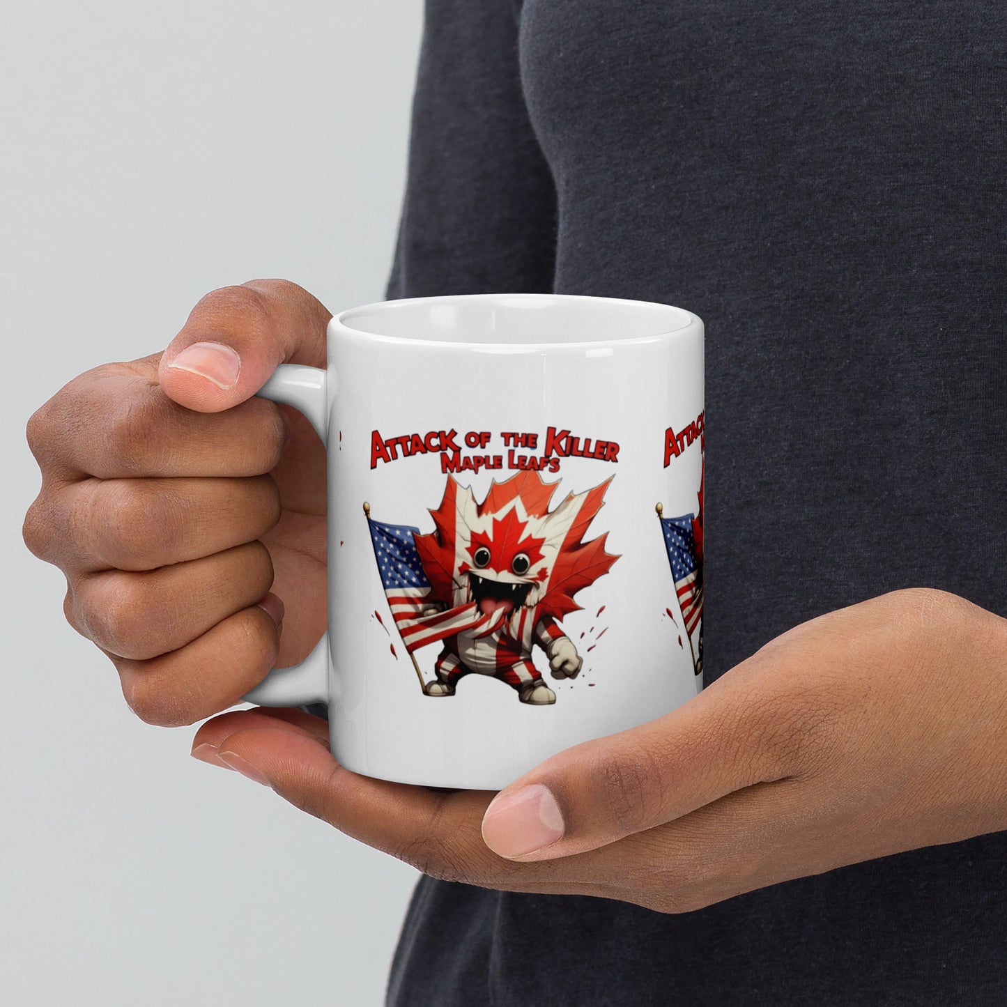 Maple Mayhem White glossy mug from Rare Plus Apparel – unique movie & pop culture inspired design.