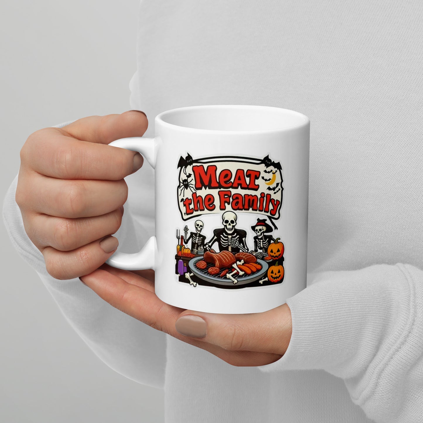 Meat The Family White glossy mug from Rare Plus Apparel – unique movie & pop culture inspired design.
