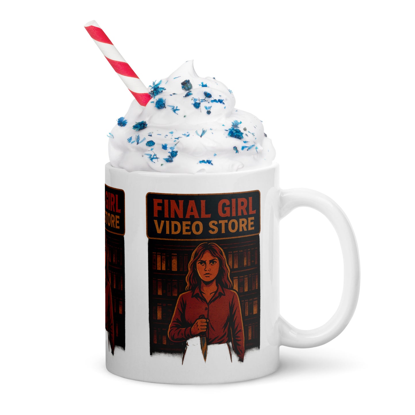 Final Girl Video Store White glossy mug from Rare Plus Apparel – unique movie & pop culture inspired design.