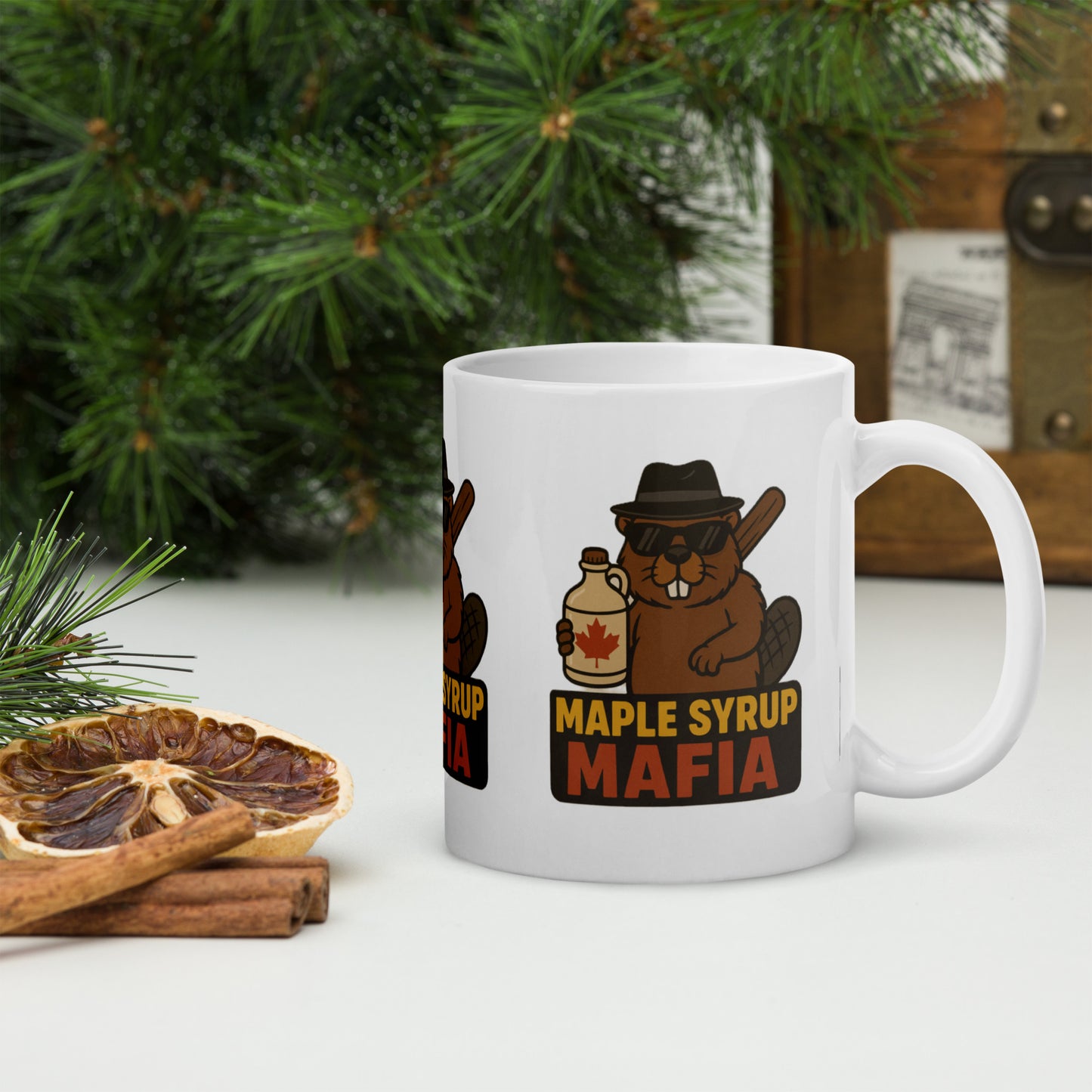 Maple Syrup Mafia White glossy mug from Rare Plus Apparel – unique movie & pop culture inspired design.