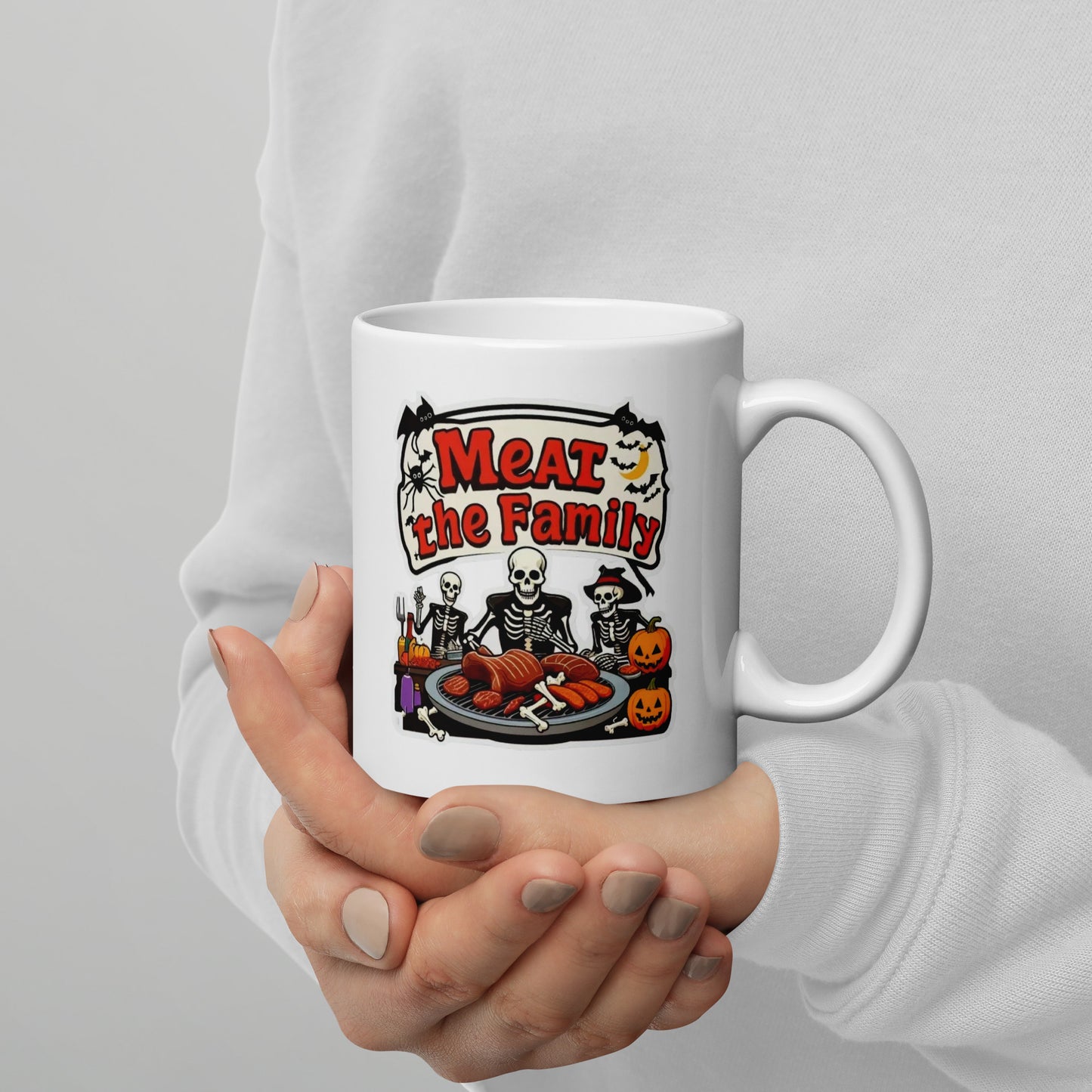 Meat The Family White glossy mug from Rare Plus Apparel – unique movie & pop culture inspired design.