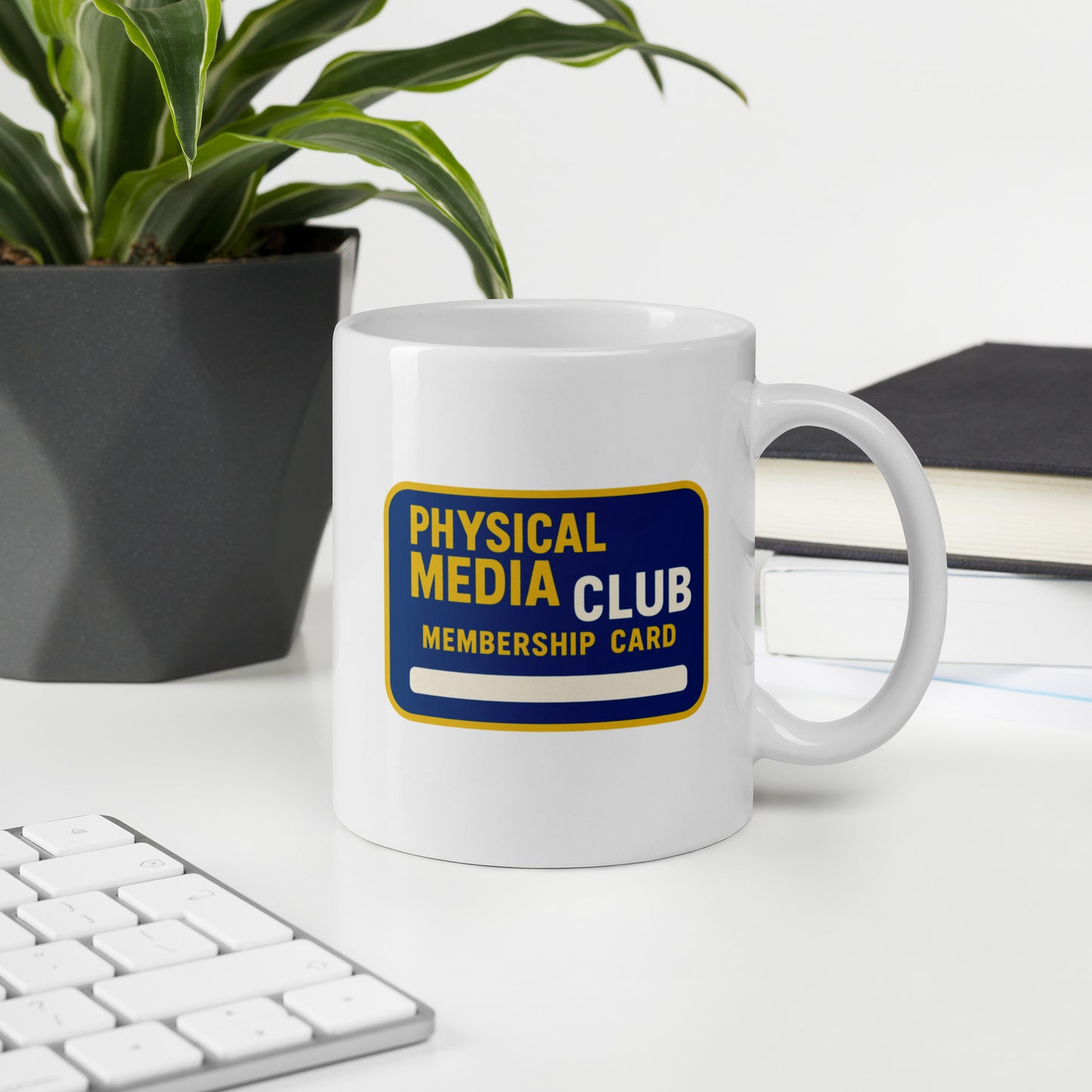 Physical Media Club White glossy mug from Rare Plus Apparel – unique movie & pop culture inspired design.