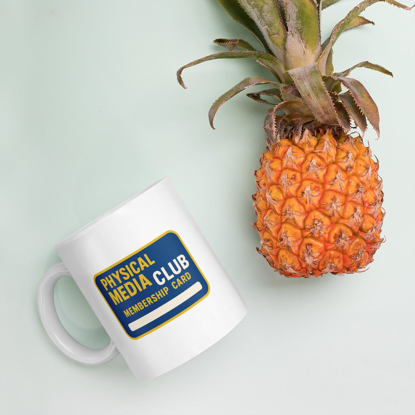Physical Media Club White glossy mug from Rare Plus Apparel – unique movie & pop culture inspired design.