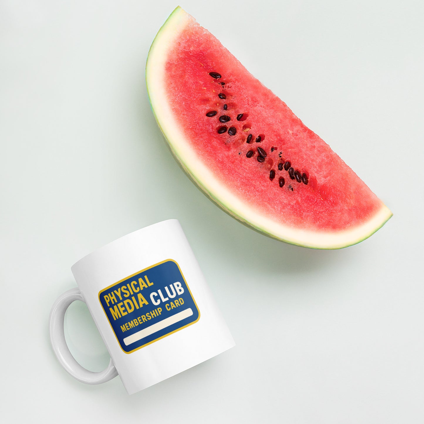 Physical Media Club White glossy mug from Rare Plus Apparel – unique movie & pop culture inspired design.