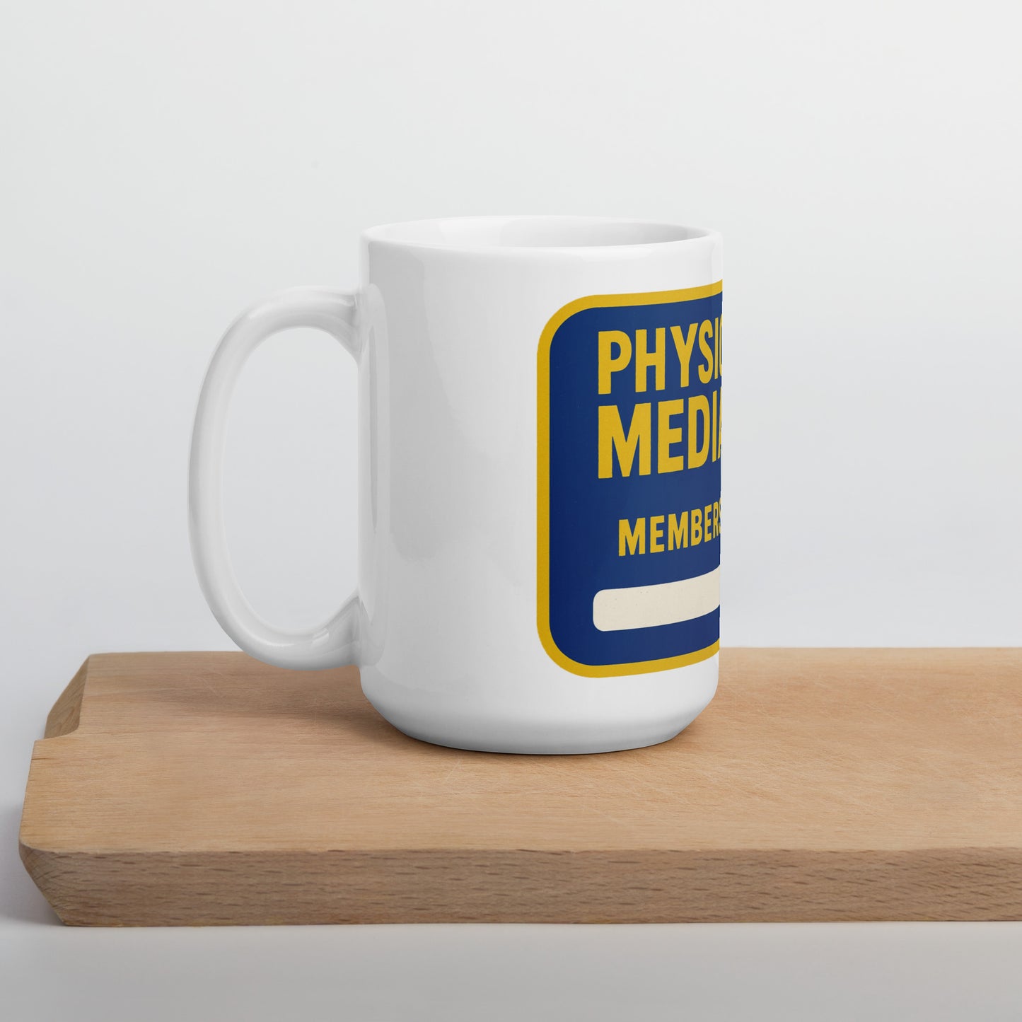 Physical Media Club White glossy mug from Rare Plus Apparel – unique movie & pop culture inspired design.