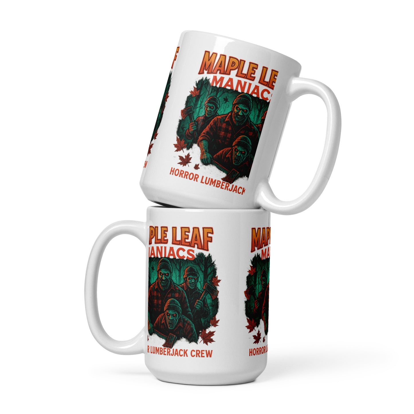 Maple Leaf Maniacs White glossy mug from Rare Plus Apparel – unique movie & pop culture inspired design.