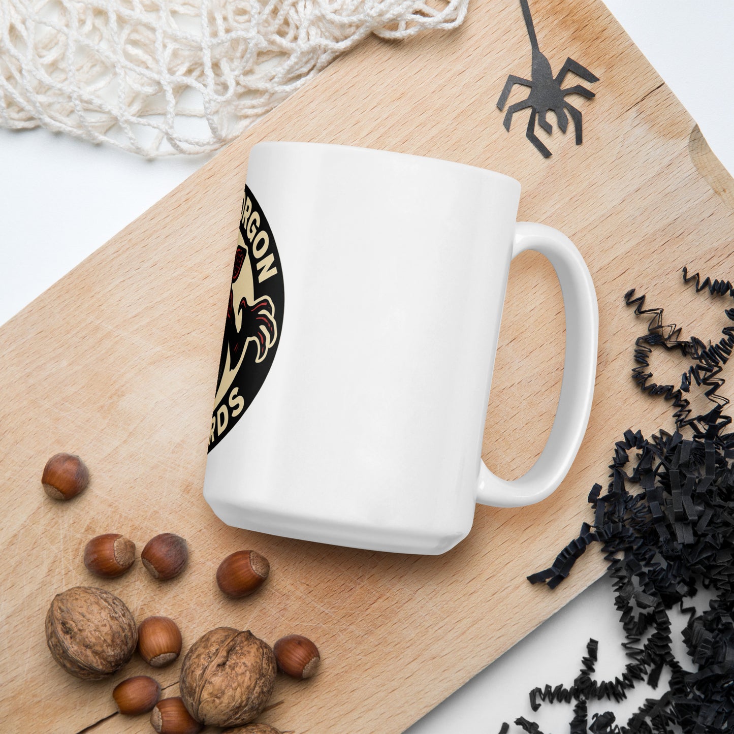 Demogorgon Records White glossy mug from Rare Plus Apparel – unique movie & pop culture inspired design.