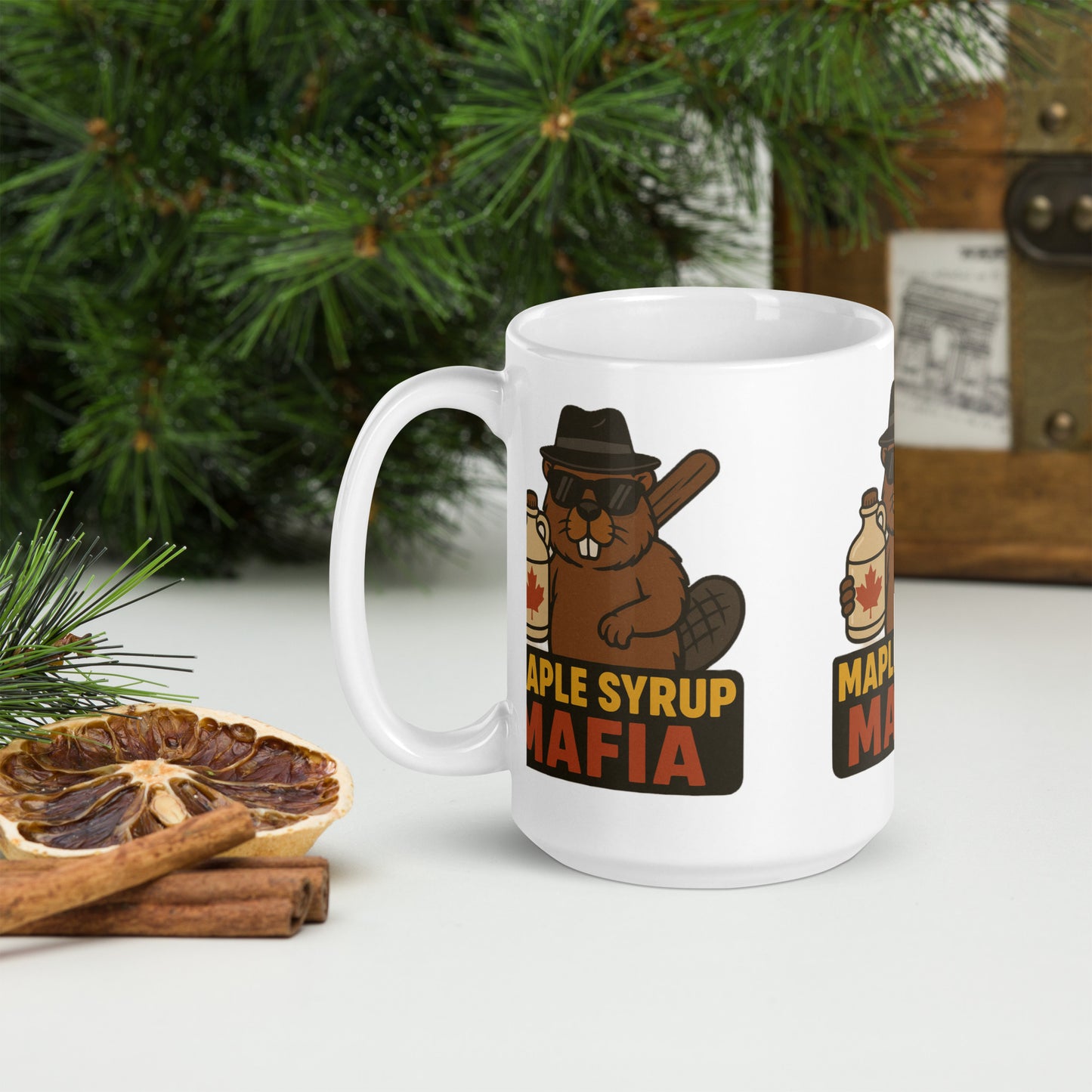Maple Syrup Mafia White glossy mug from Rare Plus Apparel – unique movie & pop culture inspired design.