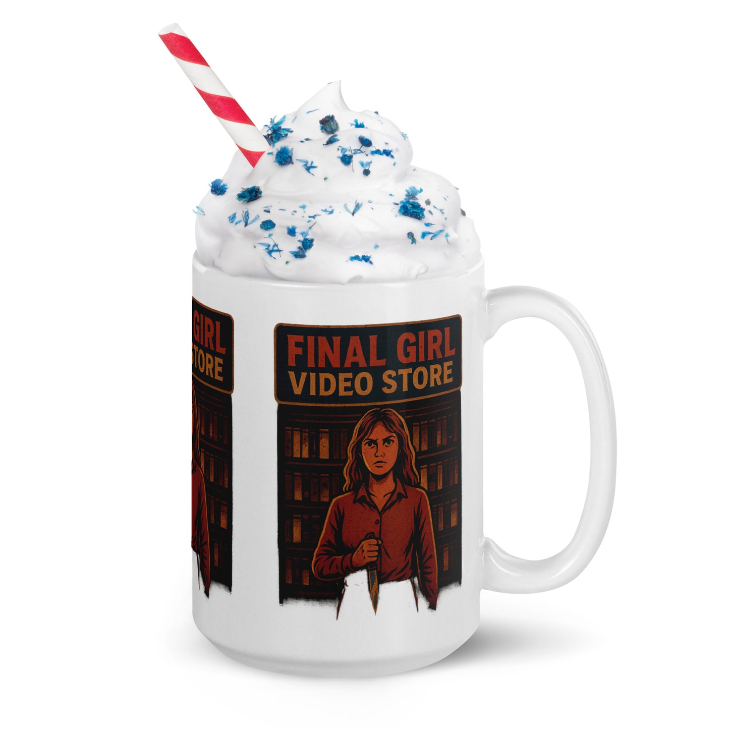 Final Girl Video Store White glossy mug from Rare Plus Apparel – unique movie & pop culture inspired design.