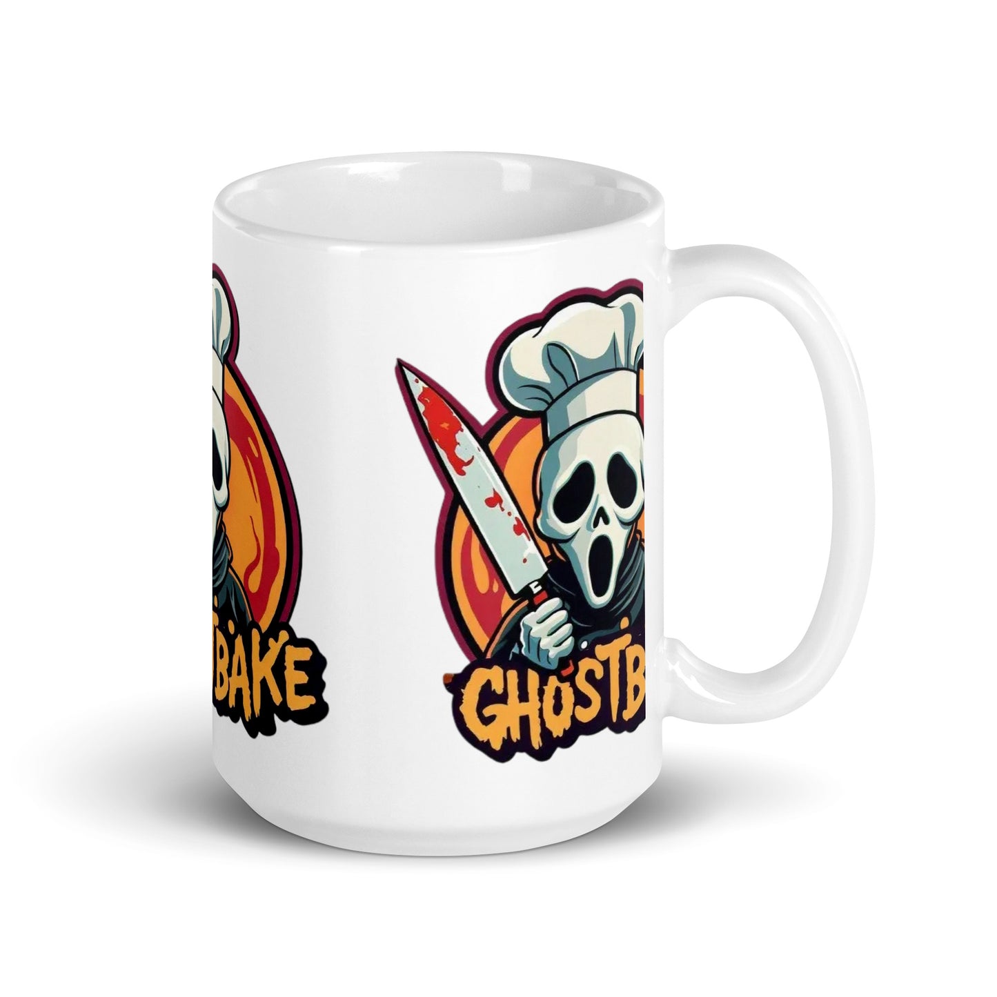 GhostBake White glossy mug from Rare Plus Apparel – unique movie & pop culture inspired design.
